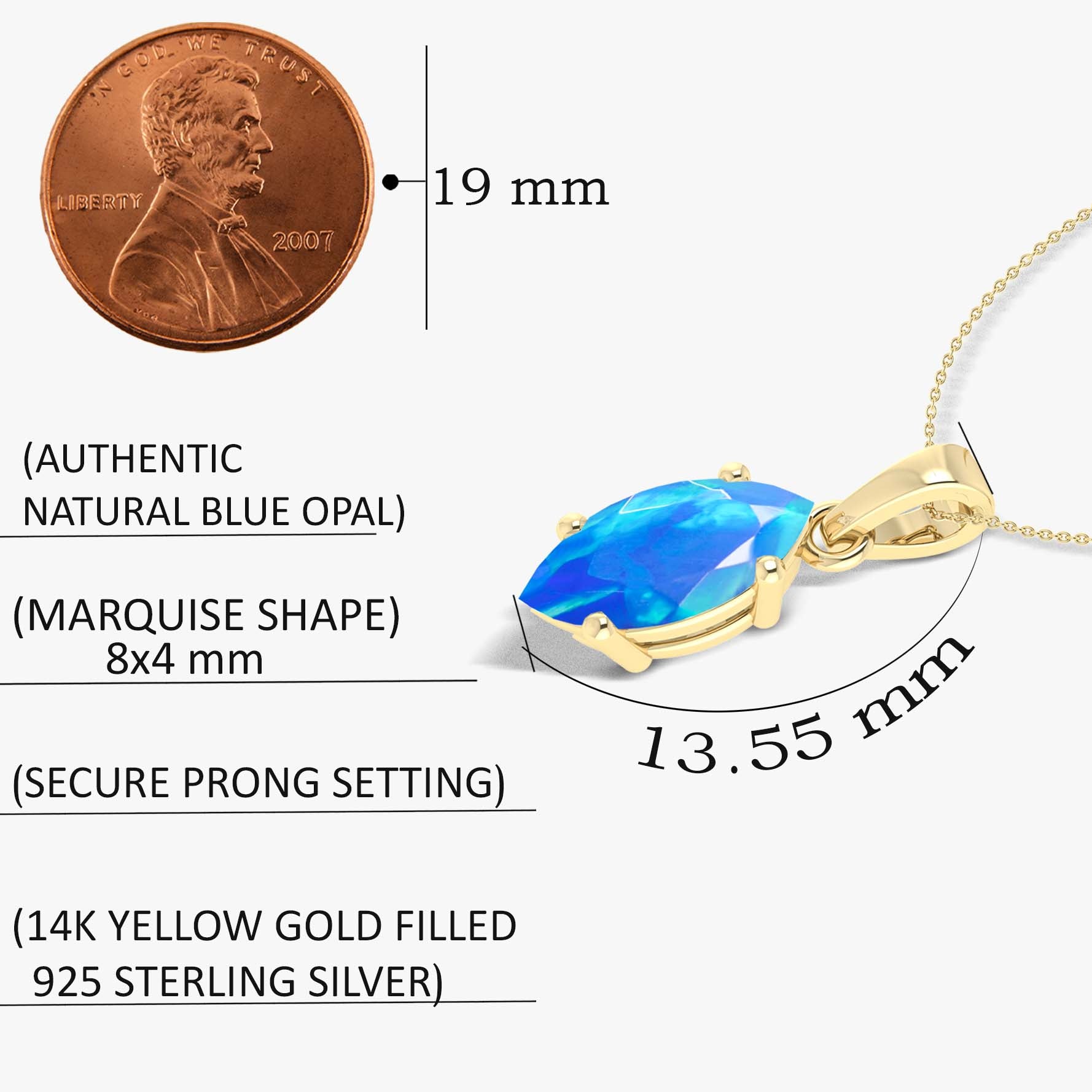 Natural Blue Opal Solitaire Pendant Necklace for Women - 925 Sterling Silver Chain Jewelry - Perfect for Weddings, Anniversaries & Special Occasions