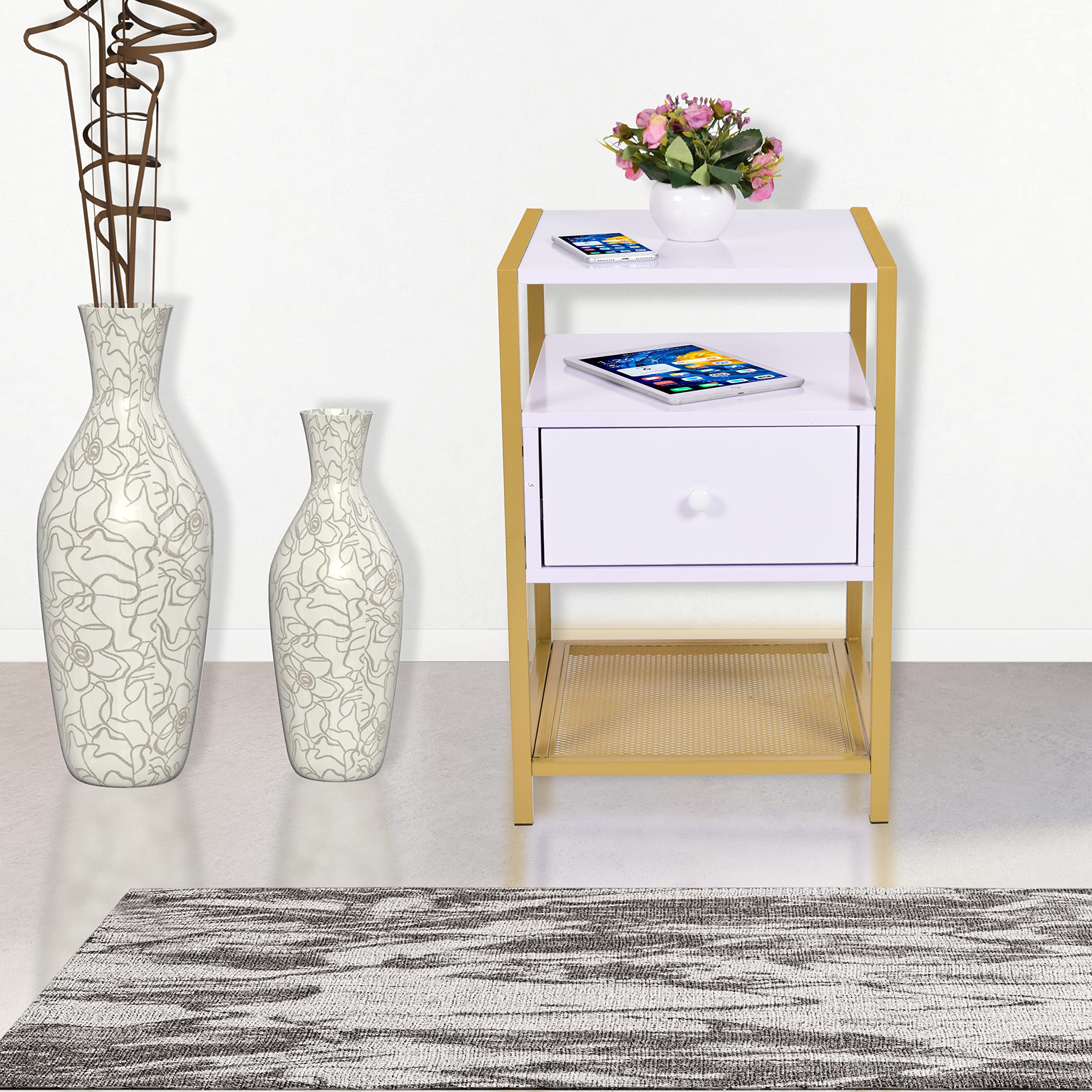 RAAMZO 3-Tier White & Gold Nightstand Side Table with Lower Mesh Shelf & Drawer - Modern Bedroom End Table for Small Spaces, Living Room, Dorm (6566)