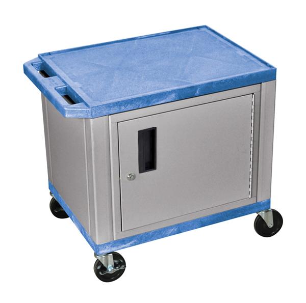 Luxor Tuffy Blue 2-Shelf AV Cart with Nickel Legs & Cabinet - Perfect for Classroom, Office, or Home Media Organization