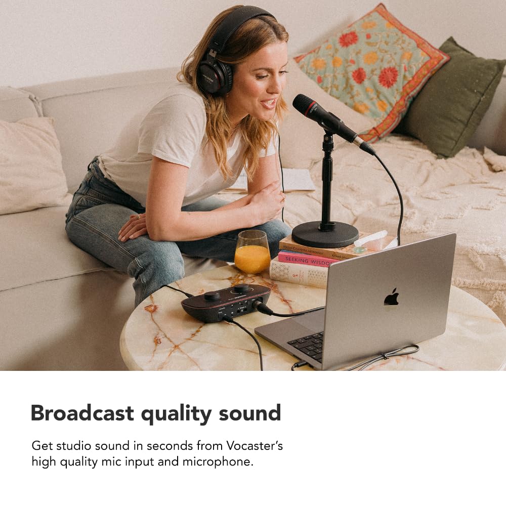 Focusrite Vocaster One Studio – Professional Solo Podcast Recording Interface with Vocaster DM1 Dynamic Mic & HP60v Headphones | 1 Mic Input & 1 Headphone Output | Perfect for Home Studios, Voiceovers & Content Creators