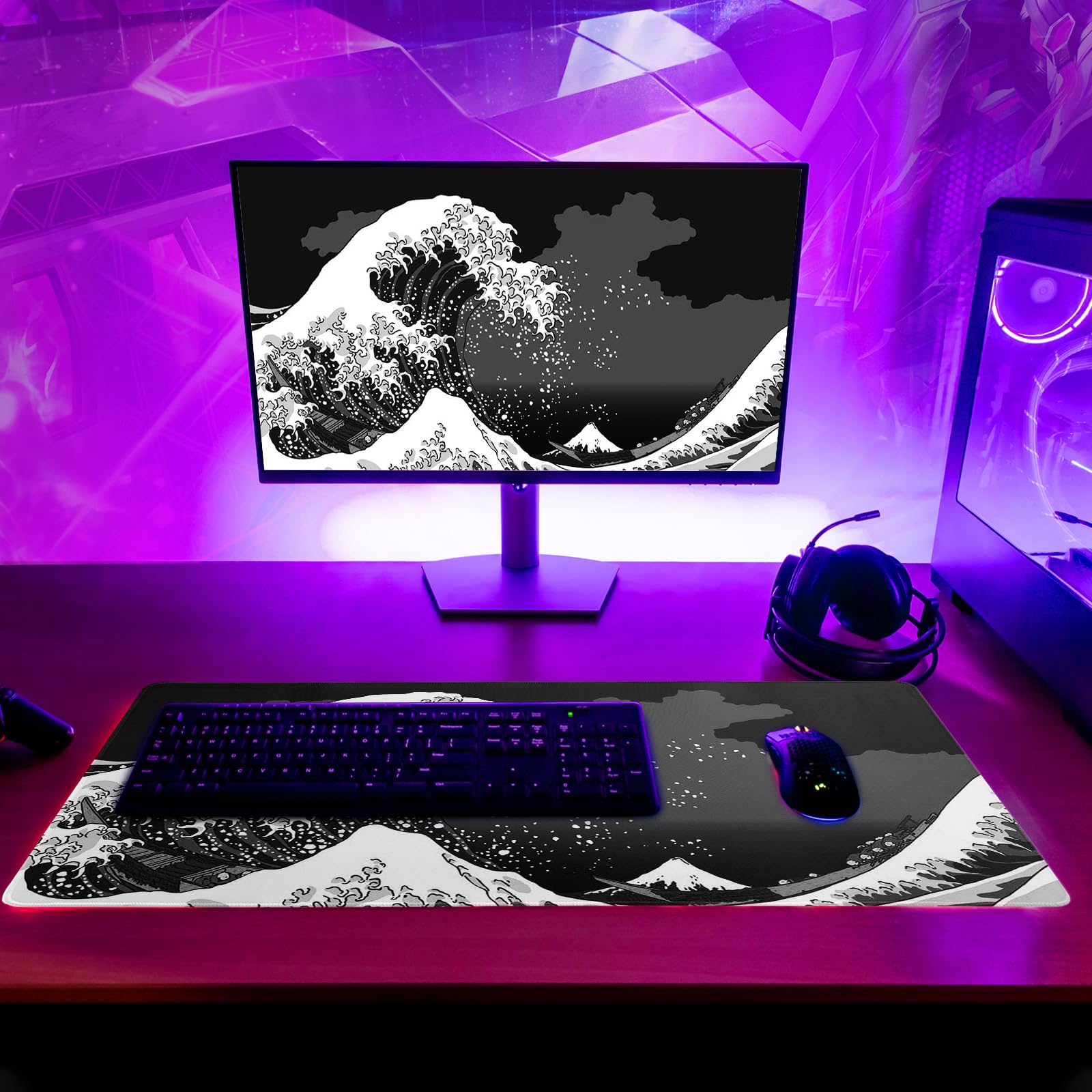 Premium Japanese Black Sea Wave Design Mouse Pad - Extra Large 31.5x11.8 Inch Gaming Mouse Mat with Non-Slip Rubber Base & Stitched Edges - Kanagawa Inspired XL Desk Mat for Keyboard & Mouse - Perfect for Home Office, PC Gaming, and Workstation Setup