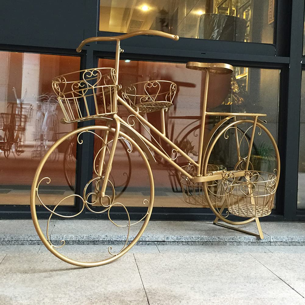 27 Inch Gold Metal Shelves Flower Pot Plant Stand - Wrought Iron Indoor Planters Rack with Bicycle Design for Home Decor, Living Room, Balcony & Garden Use