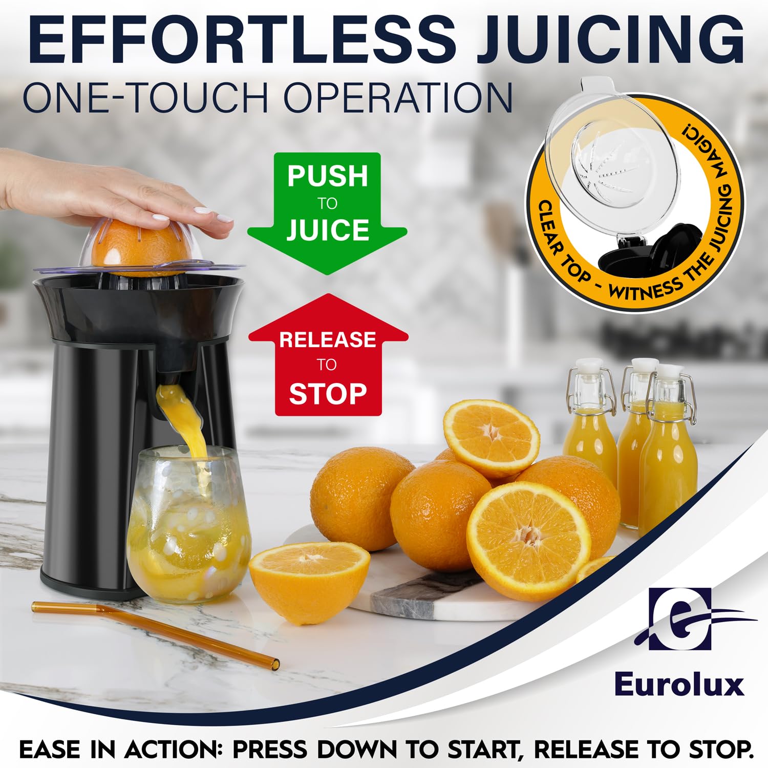 Premium Eurolux Electric Orange Juicer - High-Powered Citrus Squeezer for Oranges, Lemons, Limes & Grapefruits | 2-Size Cones, Easy-Clean Dishwasher Safe Parts | Perfect for Breakfast Bars, Juice Shops & Healthy Home Kitchens