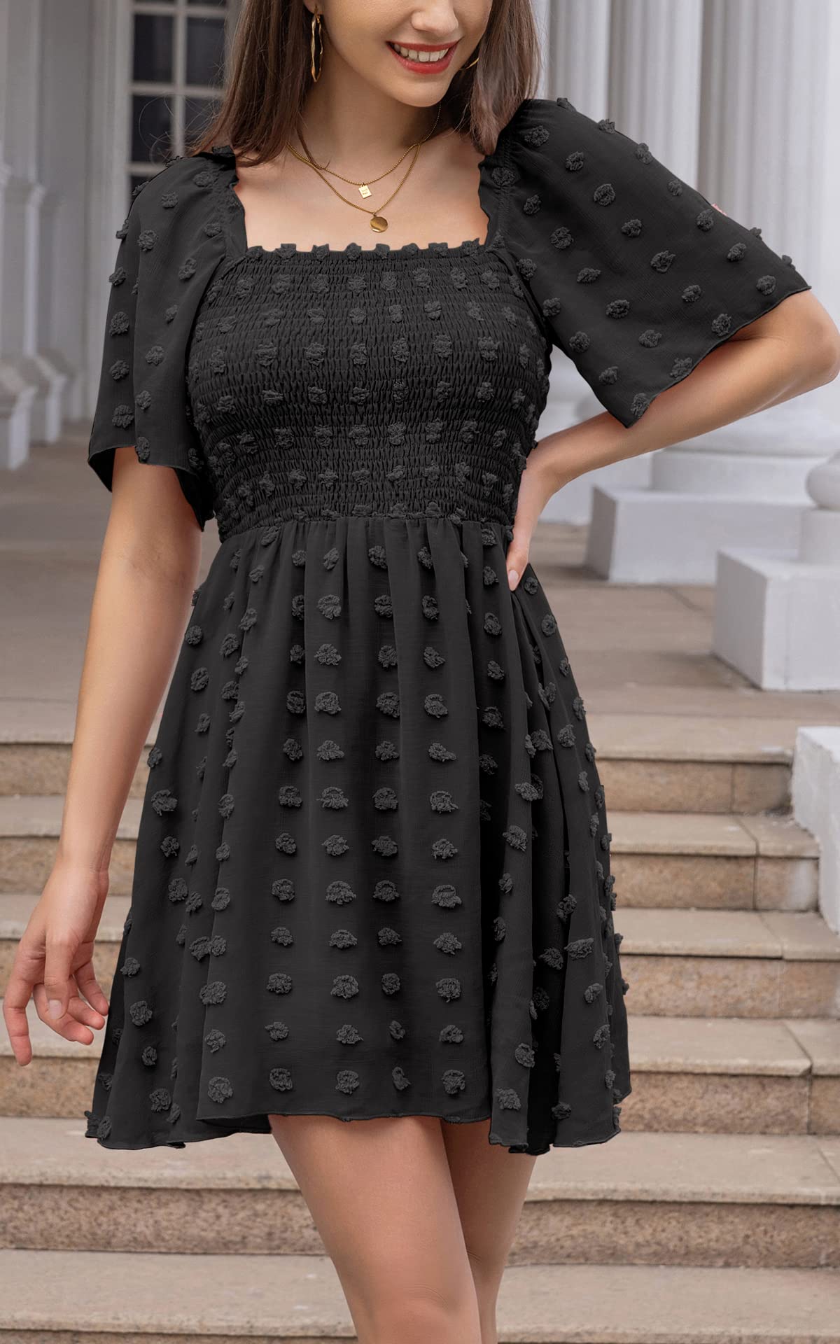 EXLURA Women's 2025 Summer Casual Square Neck Ruffle Short Sleeve Swiss Dot Flowy Mini Dress - Perfect for Beach Vacations, Date Nights & Summer Parties