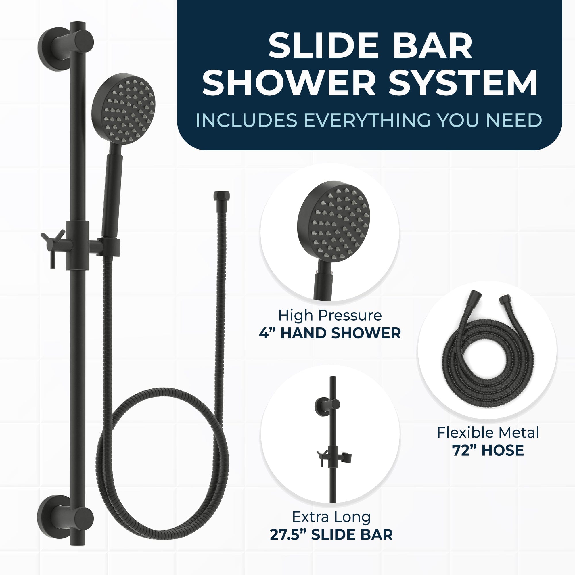 Stainless Steel Shower Slide Bar with Adjustable Handheld Shower Head & 5ft Hose - 2.5 GPM High Pressure - Perfect for Bathroom Renovation & Spa-Like Shower Experience