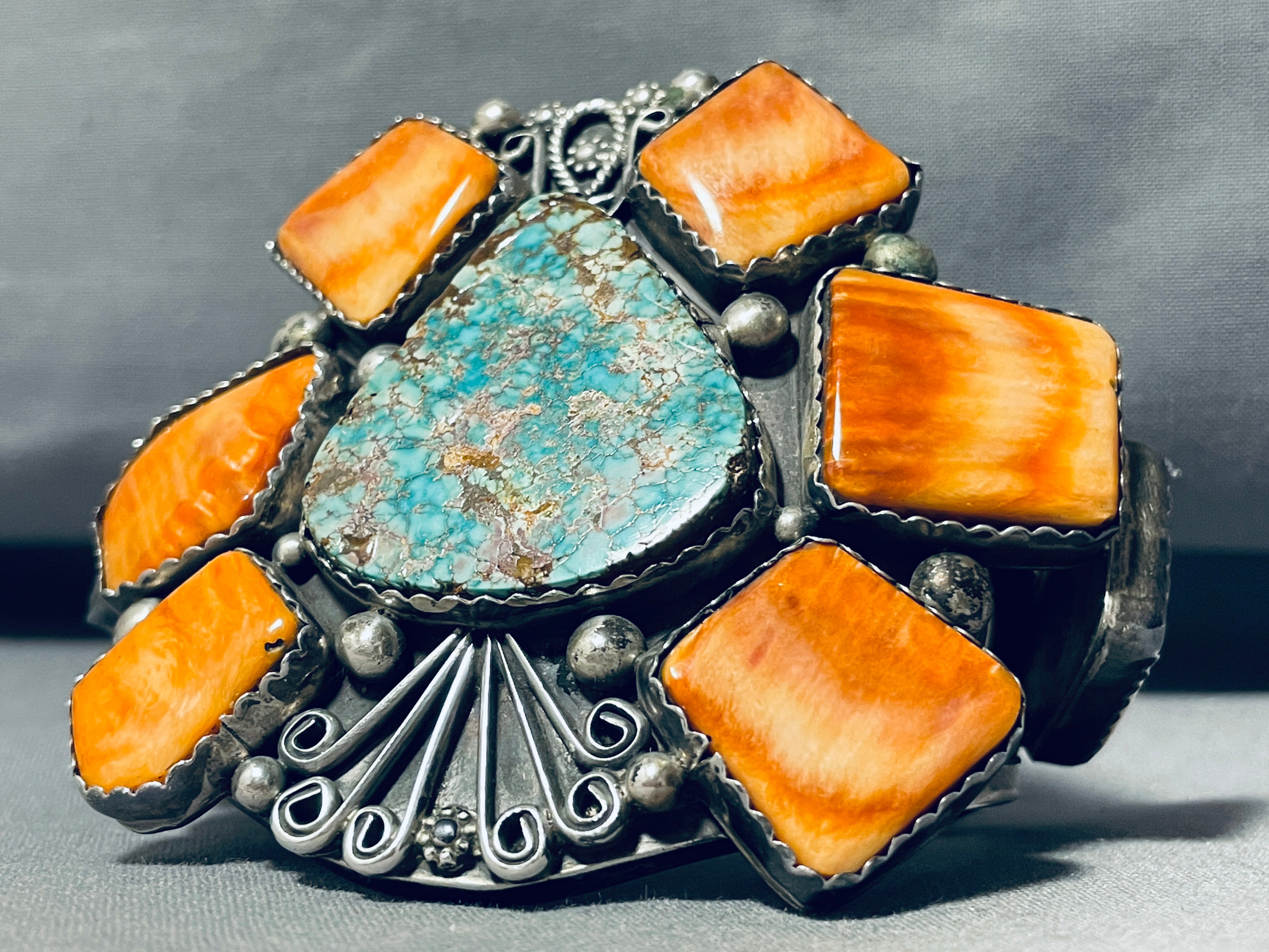 Vintage Navajo Sterling Silver Bracelet with Turquoise Shell Cluster – 144g Authentic Native American Jewelry for Women, Boho Fashion & Gift Ideas