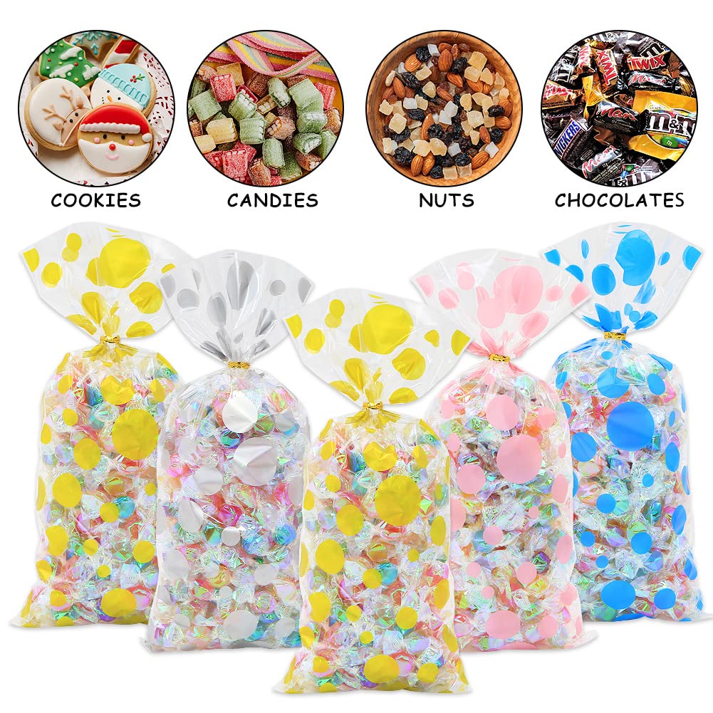 Polka Dot Cellophane Bags - 100pcs Clear Plastic Treat Bags with Twist Ties for Candy, Cookies, Nuts - Christmas, Wedding, Birthday, Easter Party Favor Supplies (4 Patterns) - Perfect for Gift Wrapping, Party Favors, and Holiday Treat Packaging