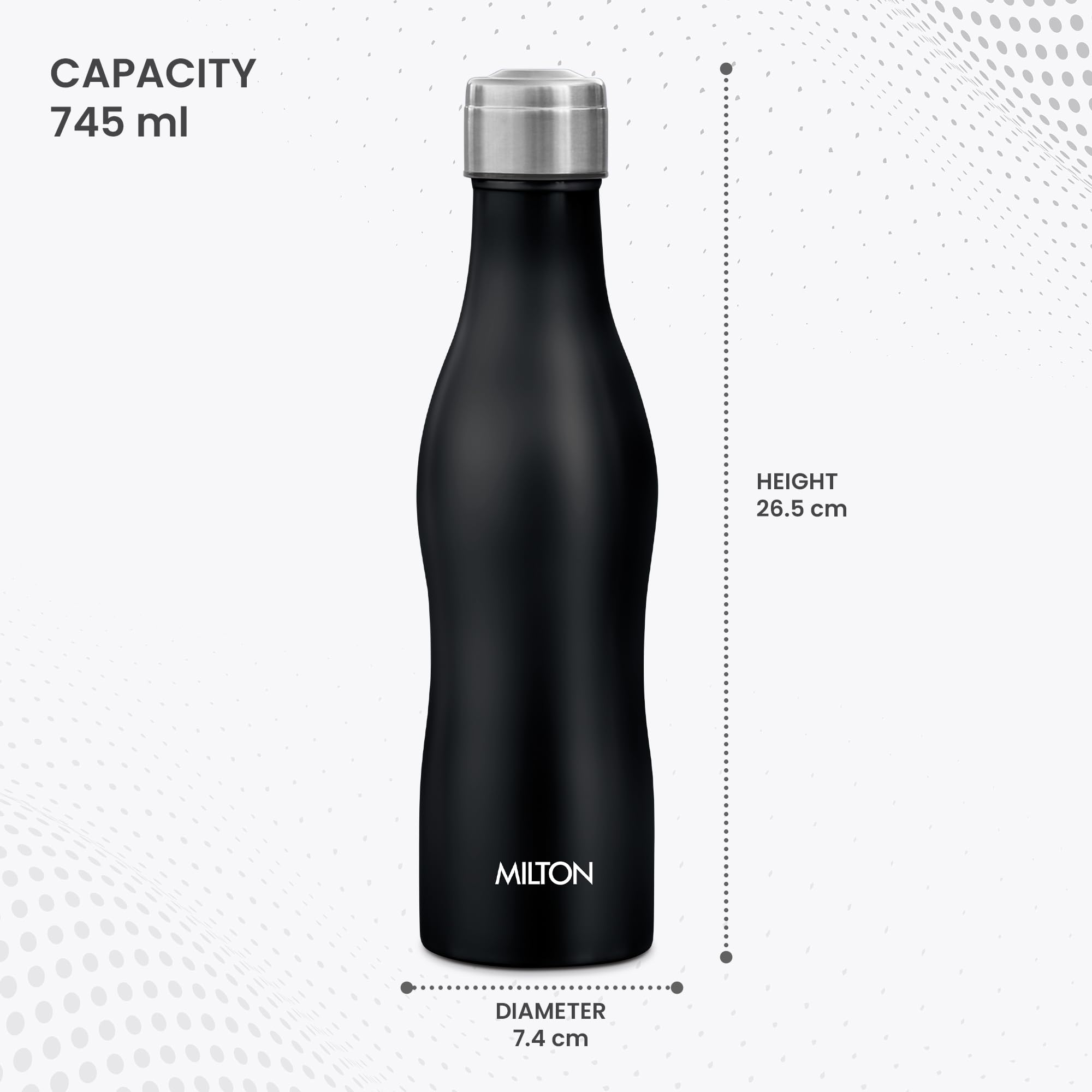 MILTON Campa 800 Single Wall Stainless Steel Water Bottle 745ml - Black | 100% Leak Proof | Vacuum Insulated | BPA Free | Perfect for Office, Gym, Hiking, Travel & Outdoor Adventures