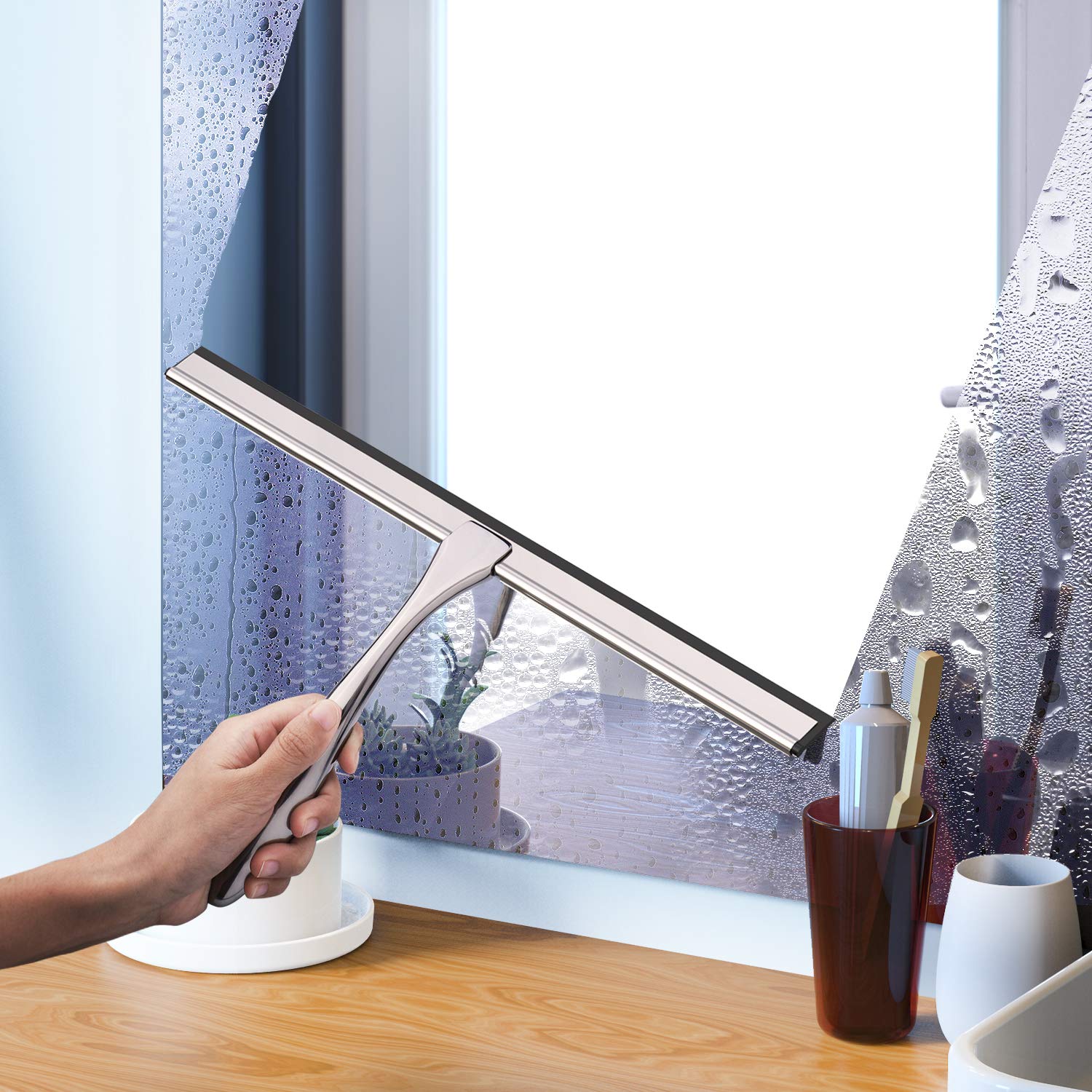Stainless Steel Shower Squeegee - 14 Inch Bathroom & Car Window Cleaner for Shower Doors, Mirrors, Tiles - Includes 2 Hooks (Silver) | Perfect for Streak-Free Cleaning in Bathrooms, Kitchens & Vehicles