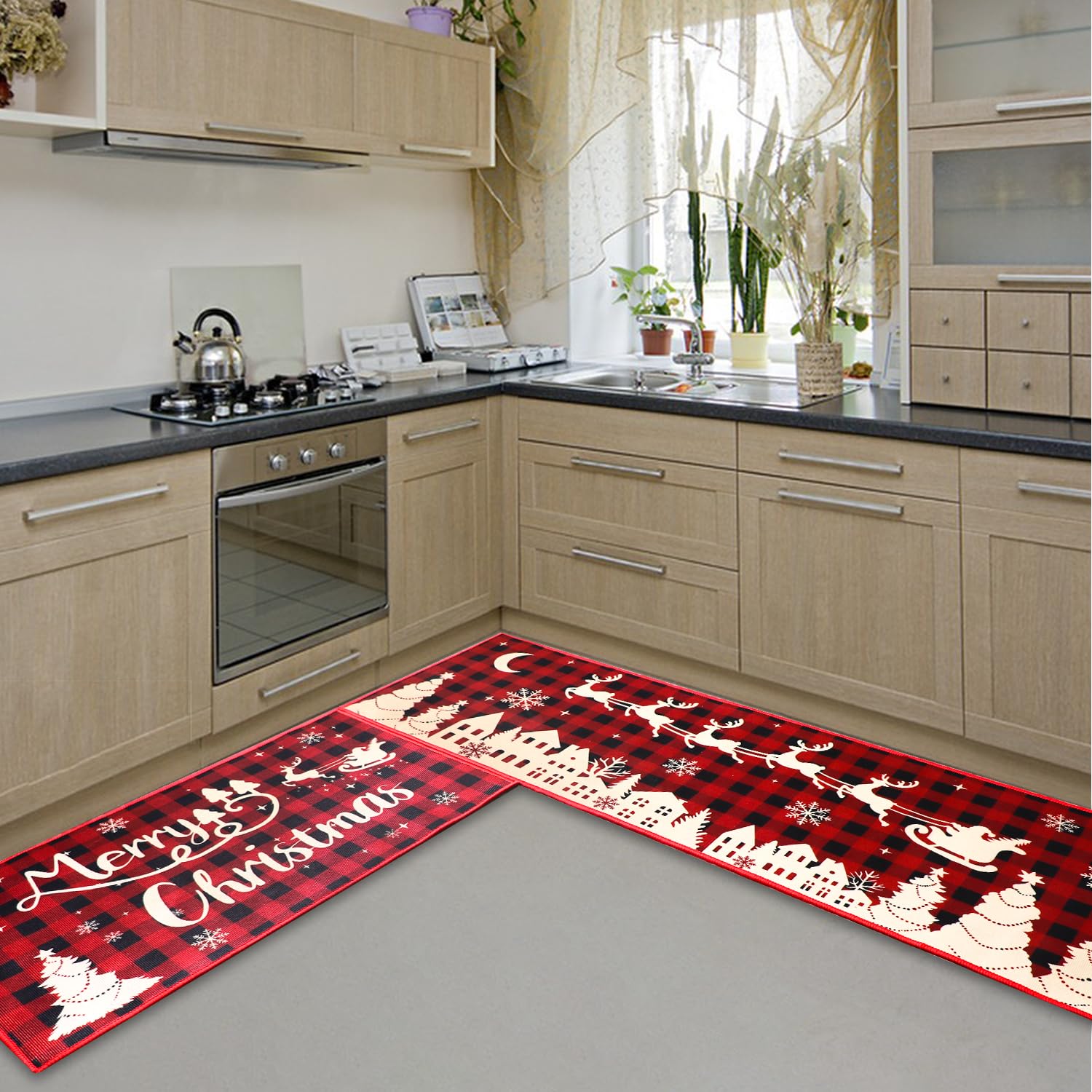 2 Pack Buffalo Plaid Christmas Kitchen Mats - Non-Slip Washable Microfiber Floor Rugs for Kitchen, Bathroom, Living Room & Doorway Decor (Red & Black Holiday Design) | Perfect for Festive Home Decor, Winter Gatherings & Gift Giving