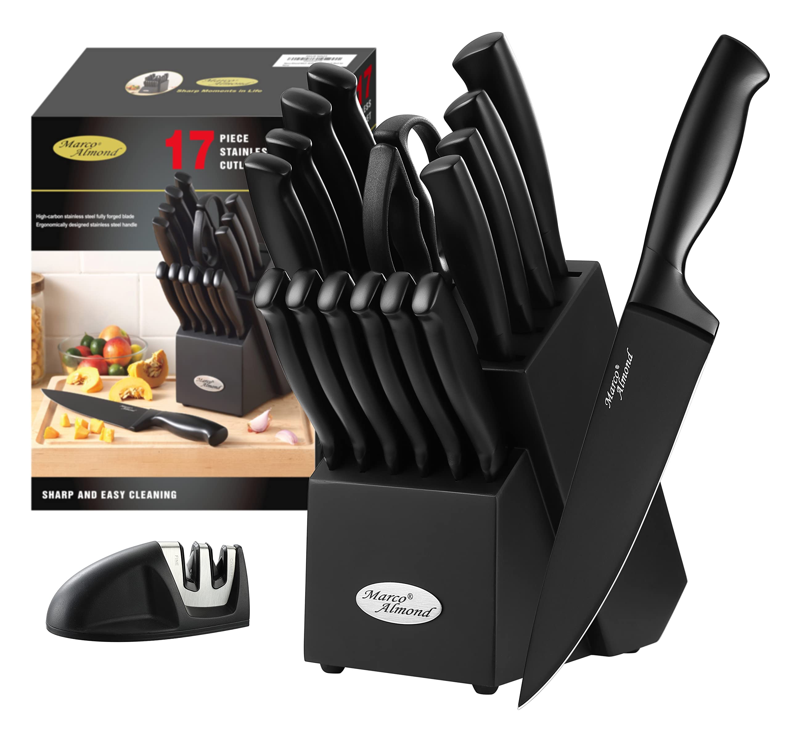 Marco Almond® 17-Piece Stainless Steel Kitchen Knife Set with Block & Sharpener MA23 – Professional Chef Knives for Cooking, Slicing, Dicing – Perfect for Home Kitchens & Culinary Enthusiasts