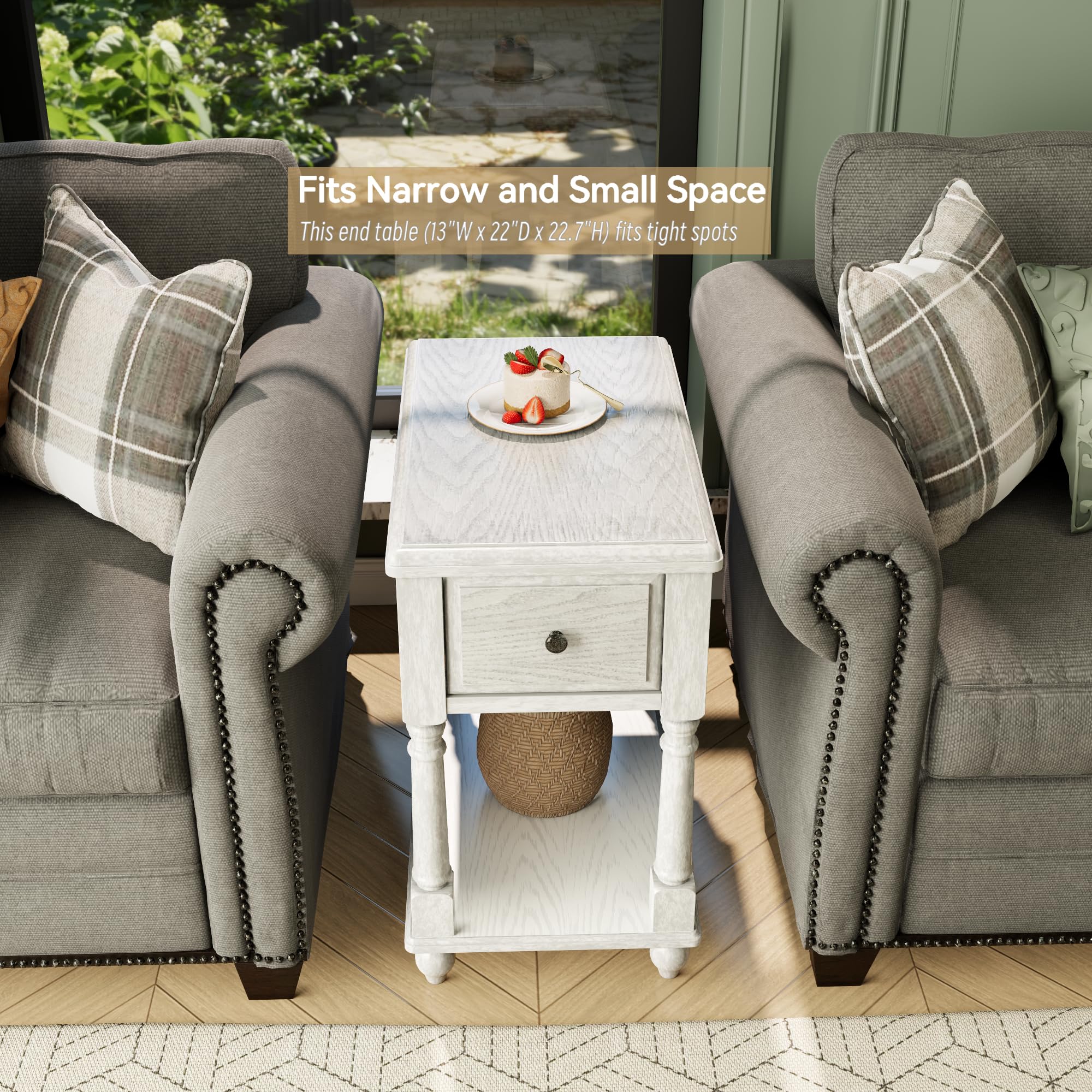Solid Wood Narrow End Table with Drawer - Slim Sofa Side Table with Storage Shelves & Easy Assembly (22