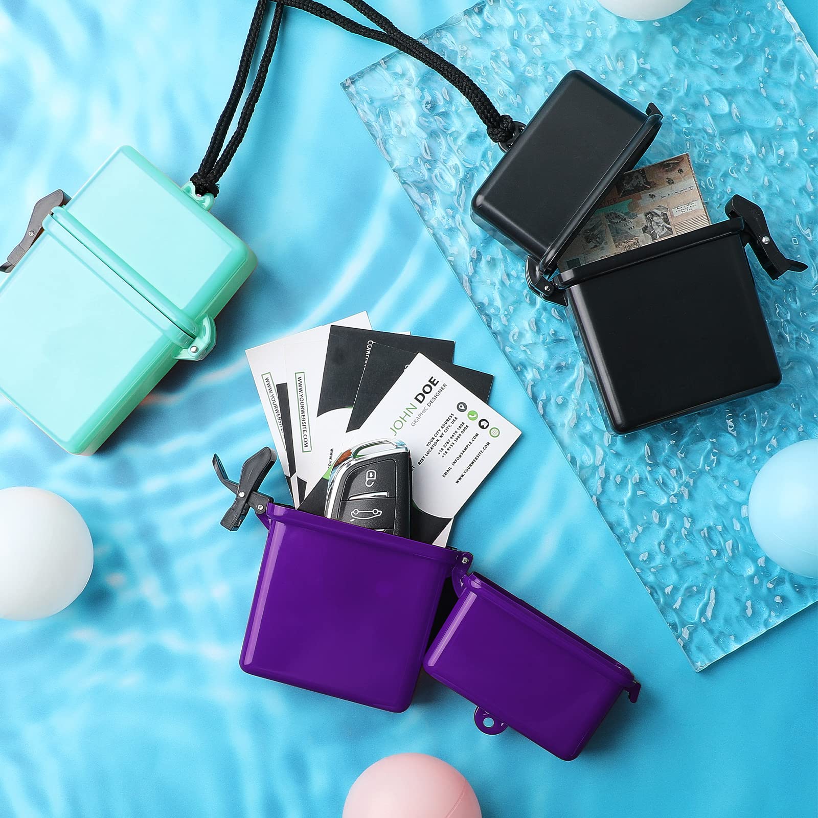 Outus 3-Pack Waterproof ID Card Holder with Floating Sports Case, Hanging Ring & Rope - Black, Purple, Lake Blue (4.72 x 2.95 x 1.57 Inch) - Perfect for Swimming, Beach, Gym & Outdoor Activities