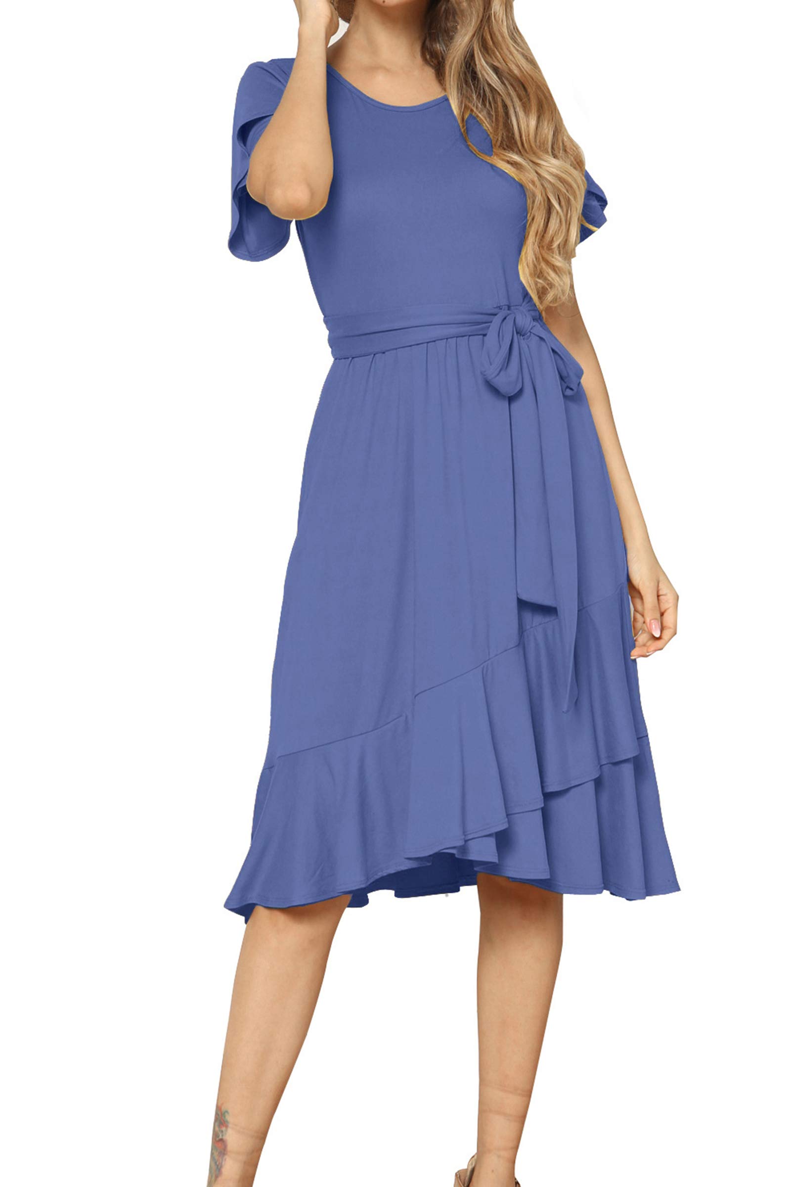 Levaca Women's Casual Flowy Short Sleeve Midi Dress with Adjustable Belt - Perfect for Summer Outings, Beach Vacations & Brunch Dates