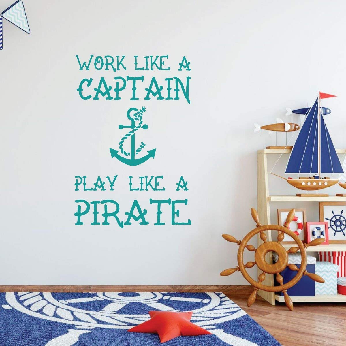 Playroom Wall Decal - Work Like A Captain Play Like A Pirate - Removable Vinyl Wall Art for Kids' Bedroom, Nursery & Children's Room Decor - Perfect for Pirate Themed Birthday Parties & Nursery Wall Stickers