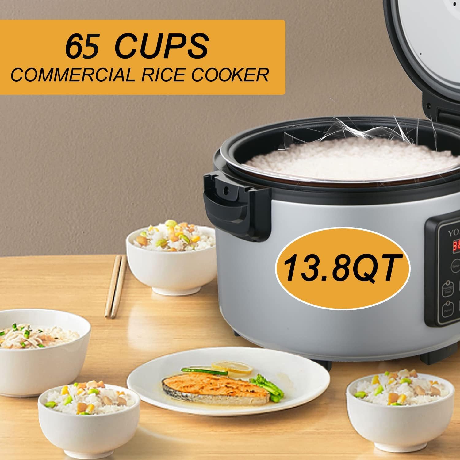 13.8QT Commercial Large Rice Cooker & Food Warmer - 65 Cups Capacity, 1350W Multi-Function Electric Sushi Rice Cooker with LED Display & Timer Setting (30 Min-24 Hrs Smart Preset) - Perfect for Restaurants, Catering & Large Family Gatherings