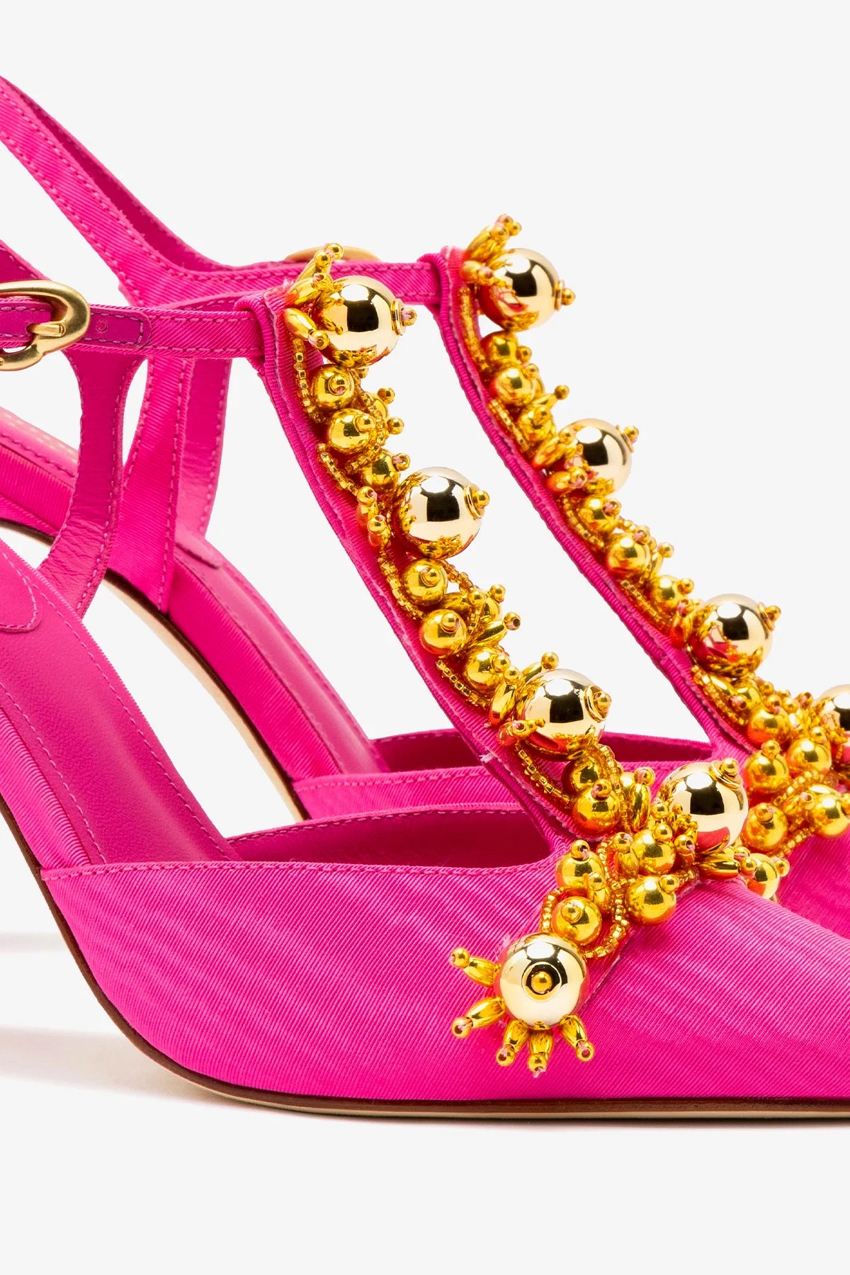 Larroudé x Libertine Women's High Heel Pump Shoes in Magenta Fabric with Golden Ball Accents - Perfect for Parties, Weddings & Special Occasions
