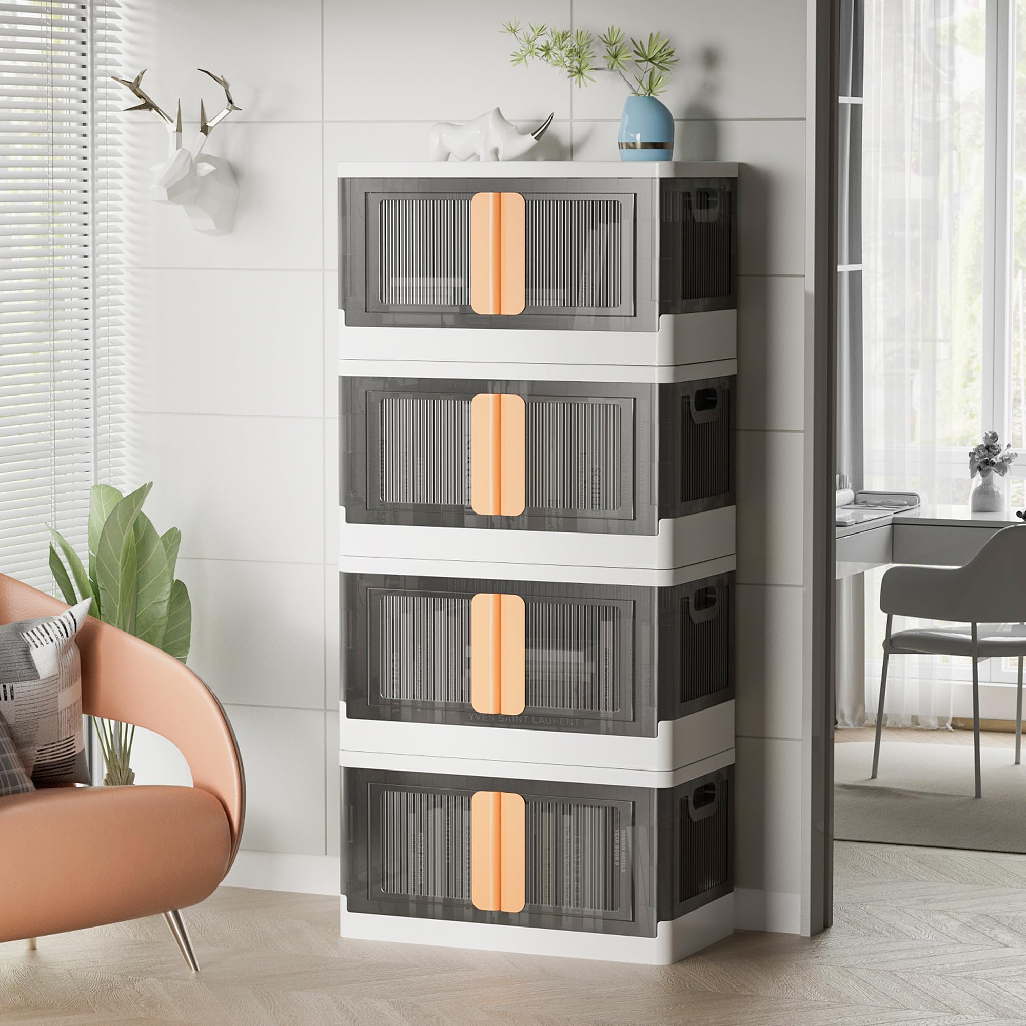 4-Tier Plastic Storage Bins with Lids - 19 Gallon Stackable Organizing Containers with Wheels - Foldable Storage Box for Closet, Living Room, Office & Dorm - Space-Saving Grey & White Home Organization Solution (Perfect for Seasonal Clothes, Toys & Household Items Storage)