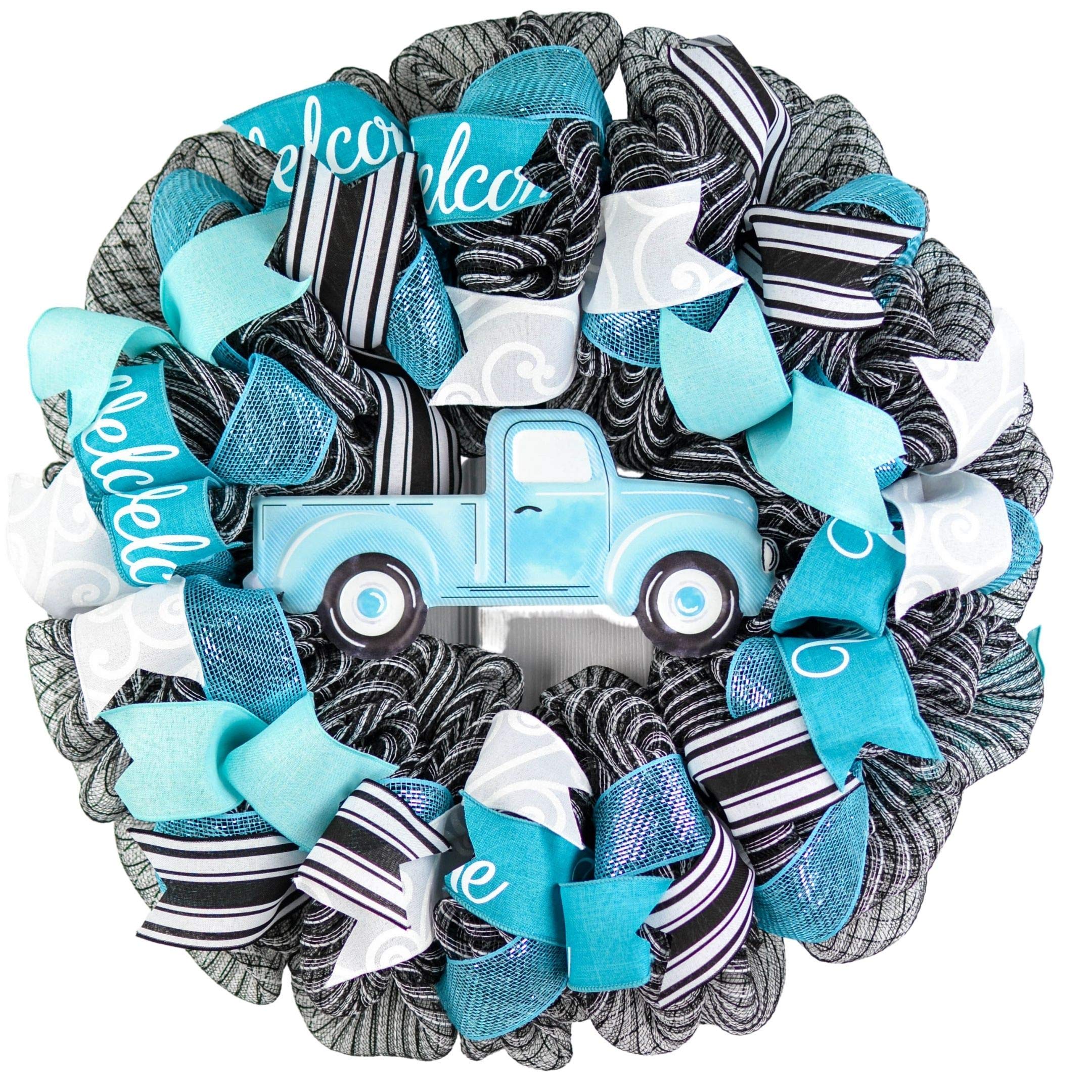 Farmhouse Truck Wreath - Blue, Black & White Rustic Decor for Mother's Day, Birthday Gifts for Her - Perfect for Front Door, Porch, or Year-Round Home Decor