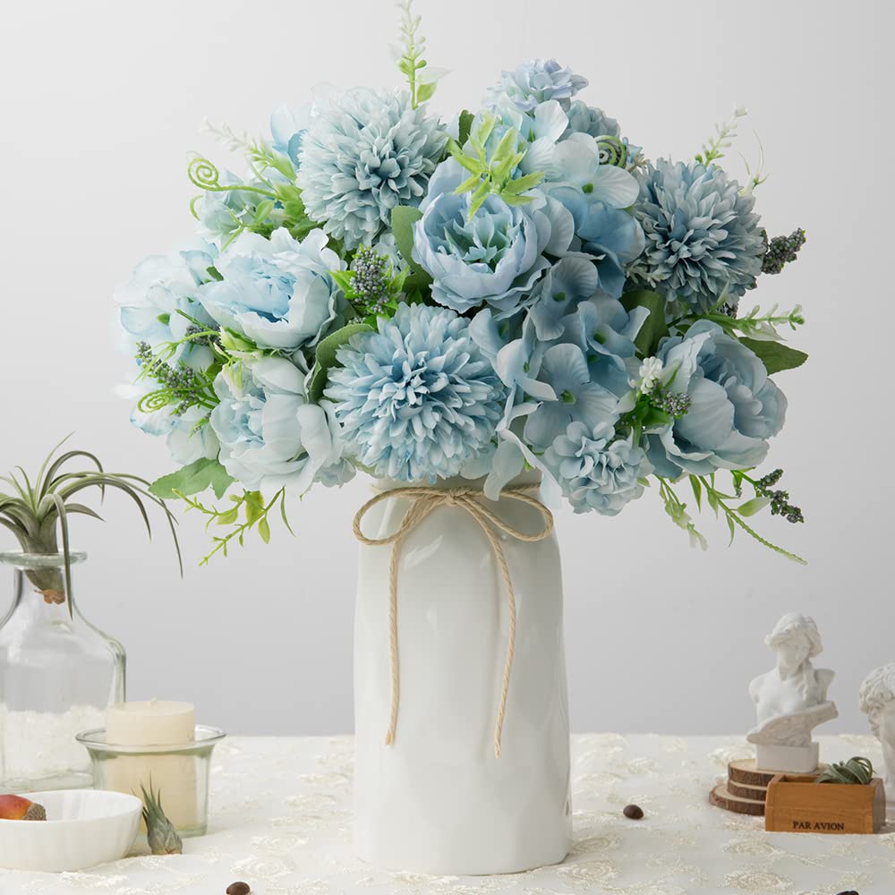 Artificial Peony Silk Flower Bouquet with Vase - Fake Hydrangea Bulk Flowers for Home Decor, Wedding Centerpieces, Table Decorations (Blue, 1 Pack) - Perfect for Living Room, Bedroom, Office & Event Decor