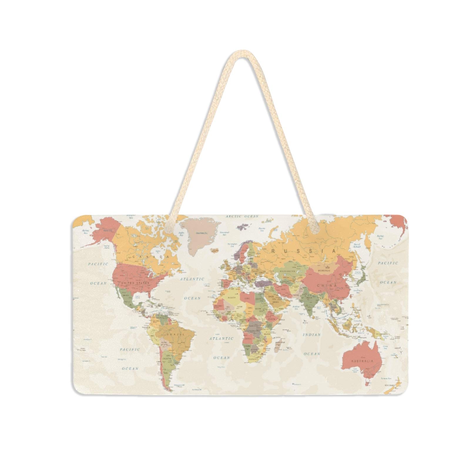 Vintage World Map Door Sign - Farmhouse Style PVC Front Door Plaque Hanger (6x11 Inch) - Perfect for Home, Office, Coffee Shop & Bar Decor - Holiday & Everyday Decoration for Doors & Walls
