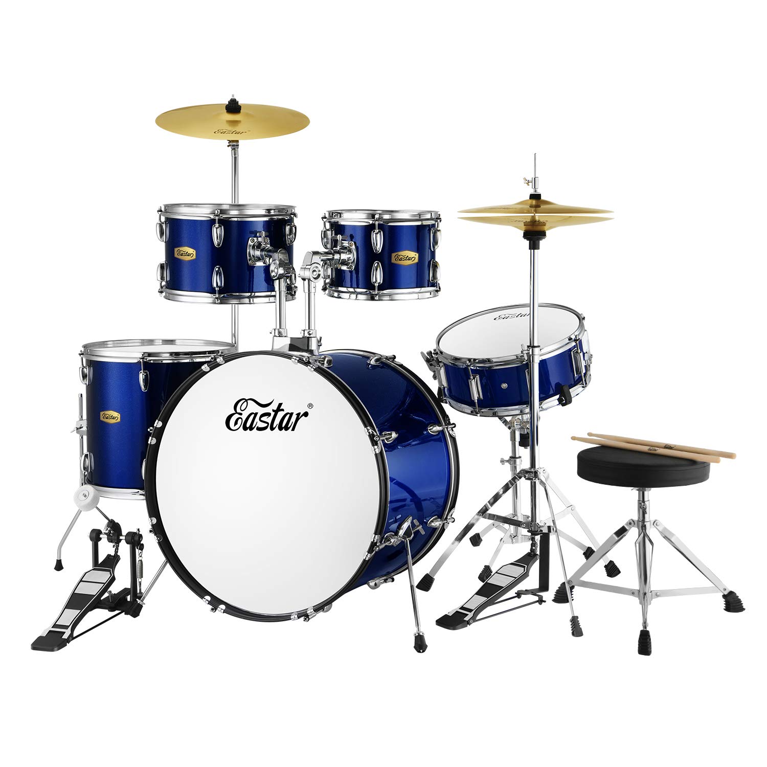 Eastar 22 Inch 5-Piece Full Size Drum Set for Adults & Beginners - Complete Drum Kit with Pedal, Cymbals, Stands, Stool & Sticks in Metallic Blue - Perfect for Home Practice, Music Classes & Live Performances