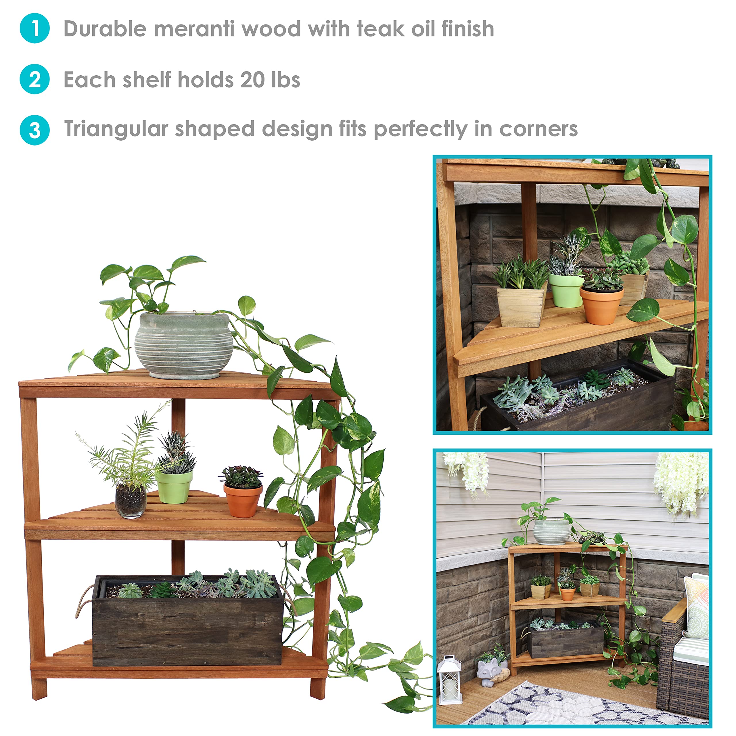 Premium Sunnydaze Meranti Wood 3-Tier Corner Plant Stand with Teak Oil Finish - Indoor/Outdoor Wooden Shelves for Potted Plants - 36-Inch Tall Planter Display for Patio, Garden, Living Room & Balcony Decor