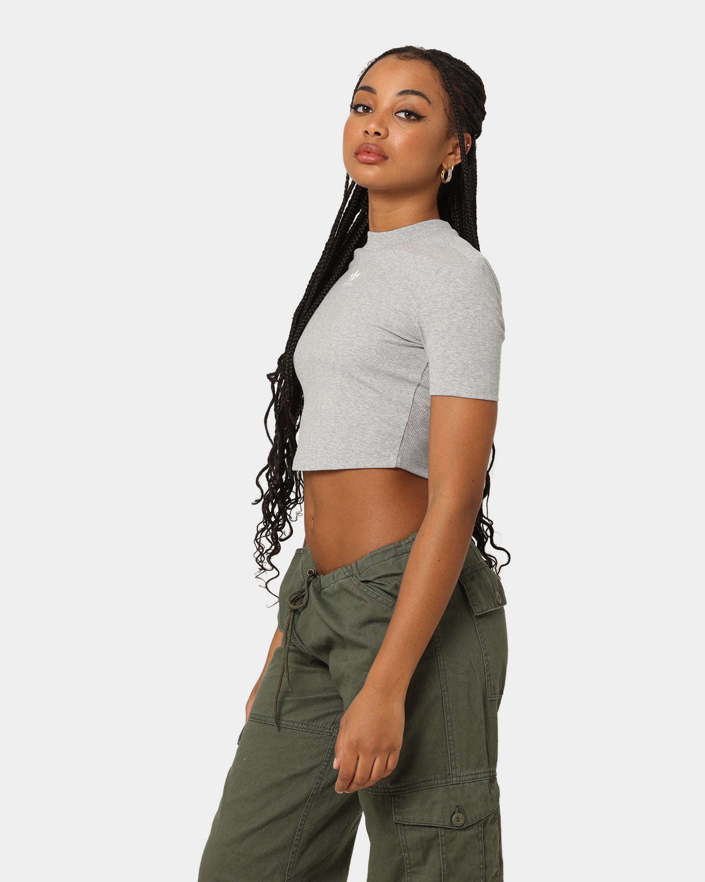 Adidas Women's Adicolor Essentials Rib Cropped T-Shirt - Medium Grey Heather - Casual Workout & Streetwear Fashion Top for Gym, Running & Everyday Wear