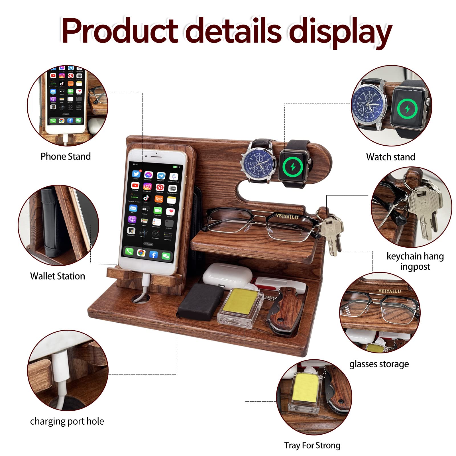 **Premium Wooden Phone Stand Holder - Best Birthday Gift for Men, Father's Day Gift from Daughter or Son - Nightstand Organizer for iPhone & Android - Elegant Brown (Perfect for Bedside, Office & Travel)**
