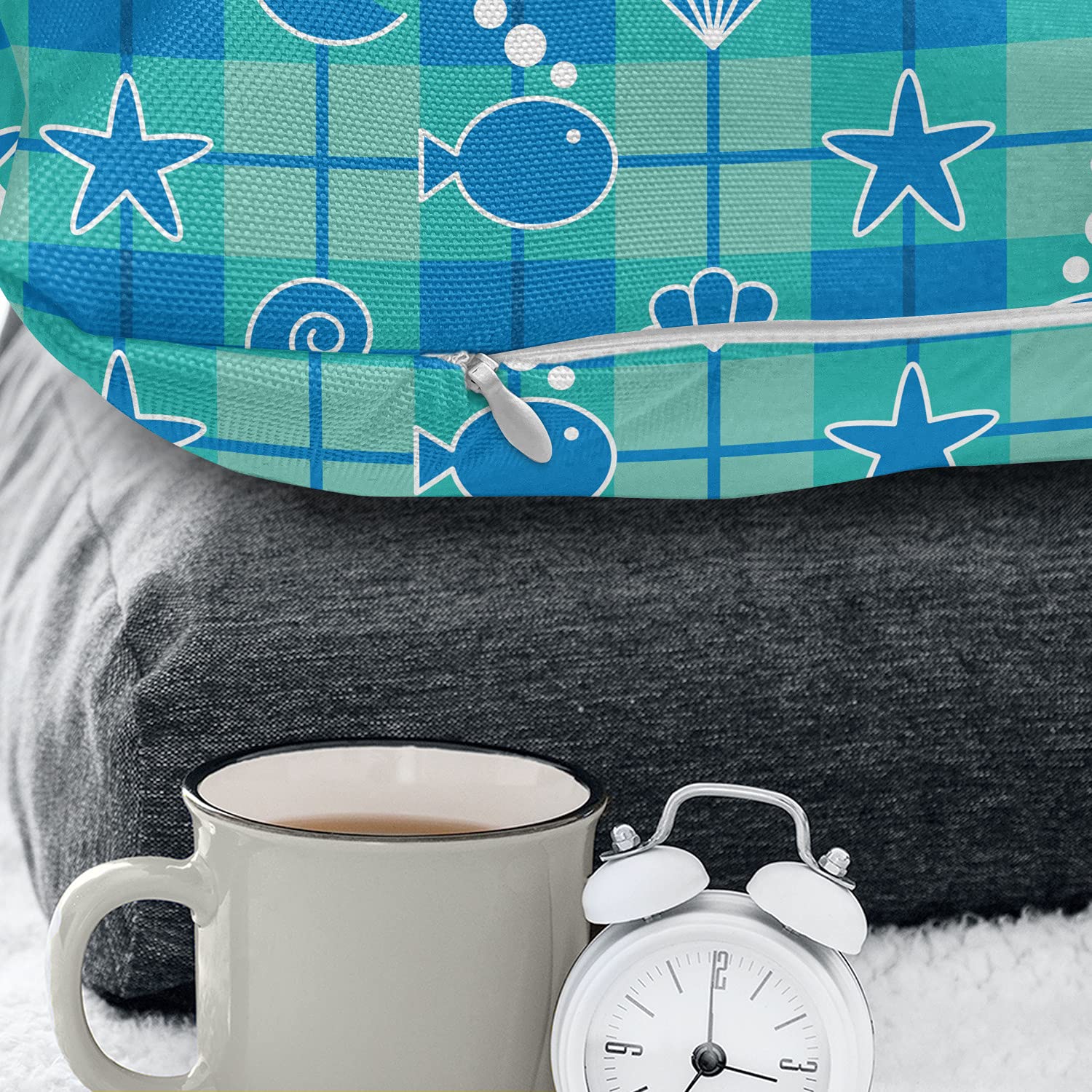 Ambesonne Sea Shells Throw Pillow Cover 16x16 Inch - Plaid Pattern with Cartoon Marine Silhouettes, Fish, Starfish & Bubbles - Mint Green Blue White Decorative Square Accent Cushion Case for Living Room, Bedroom & Coastal Home Decor