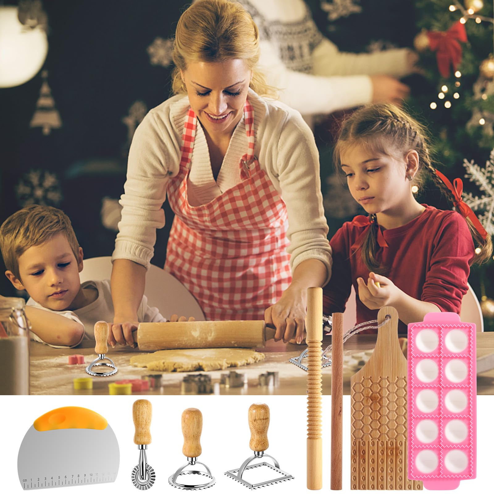 9PCS Pasta Maker Kit - Includes Drying Rack, Gnocchi Board, Cutter, Ravioli Stamps & Rolling Pin - Perfect for Homemade Pasta, Ravioli & Italian Cooking - Great Gift for Pasta Lovers & Home Chefs