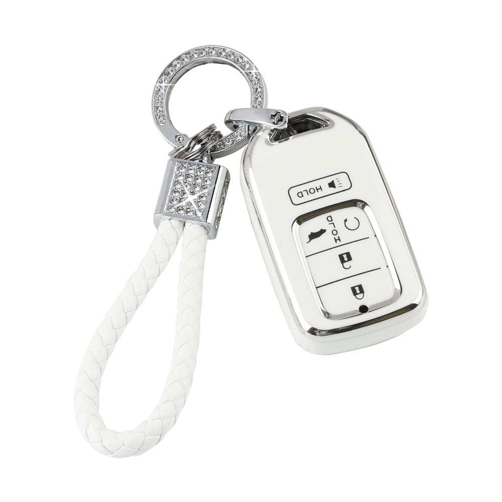 PIFOOG White TPU Key Fob Cover for Honda Accord Civic CRV Pilot Passport Insight - 5 Buttons Smart Key Case Shell Protector, Bling Car Keychain Accessories for Women - Perfect for Everyday Use & Car Key Protection