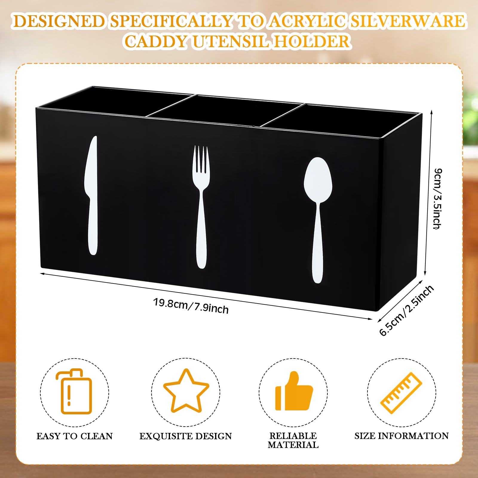 Acrylic Cutlery Storage Organizer - 3-Section Silverware Caddy for Knives, Spoons & Forks | Countertop & Cabinet Kitchen Organizer | Durable Tableware Holder for Dining Room & Home (Black) | Perfect for Kitchen Counter Organization & Flatware Storage