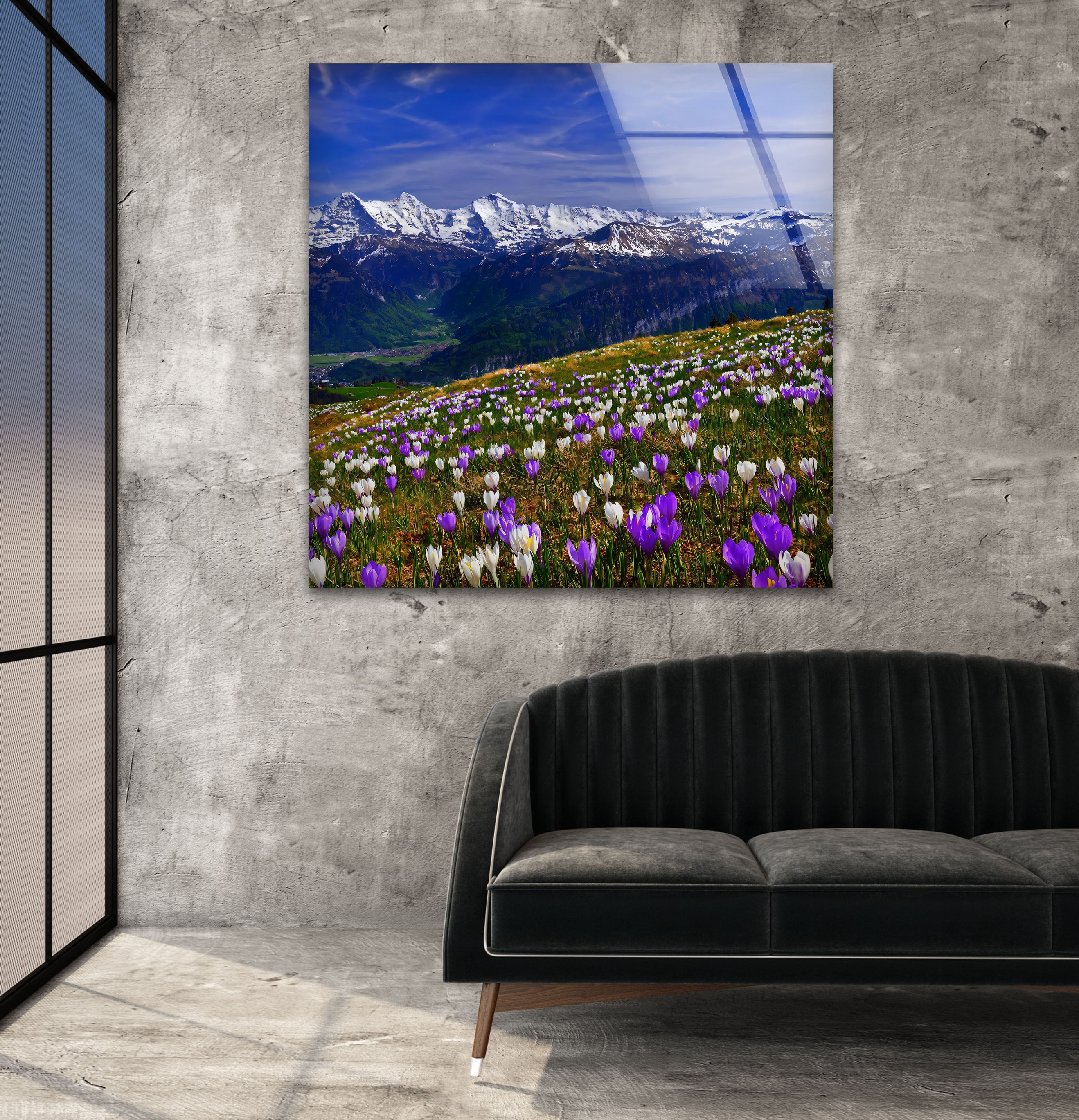 Alpine Meadow Glass Wall Art – Majestic Mountain & Blooming Wildflower Landscape Decor for Living Room, Bedroom & Office – Nature Inspired Home Décor