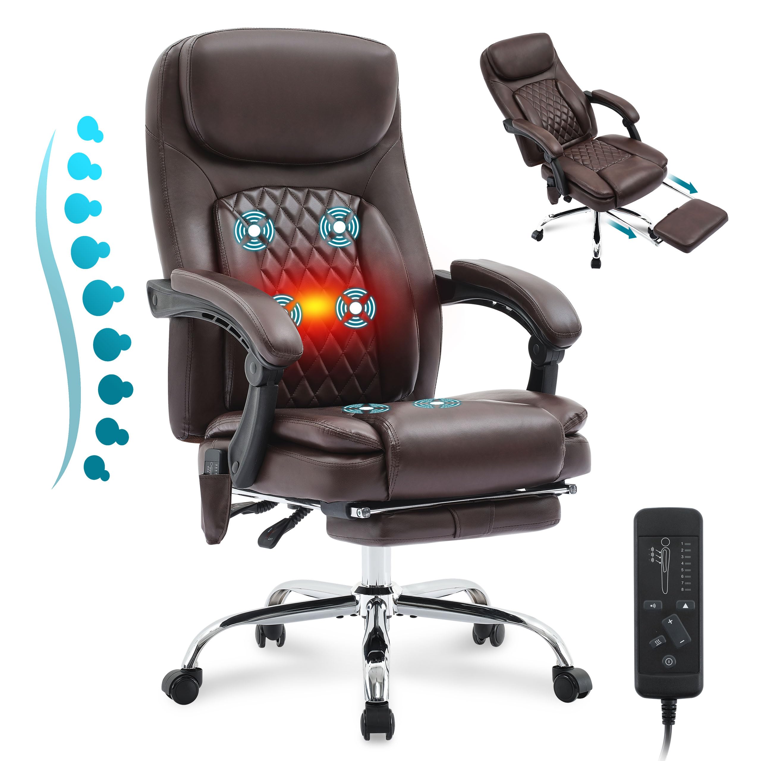 6-Point Massage Office Chair with Heating - Ergonomic Executive Chair with Footrest, 45° Recline & High Back Support - 500LBS Weight Capacity Thick Cushion Desk Chair for Home Office (Brown) - Perfect for Long Work Hours, Gaming & Relaxation
