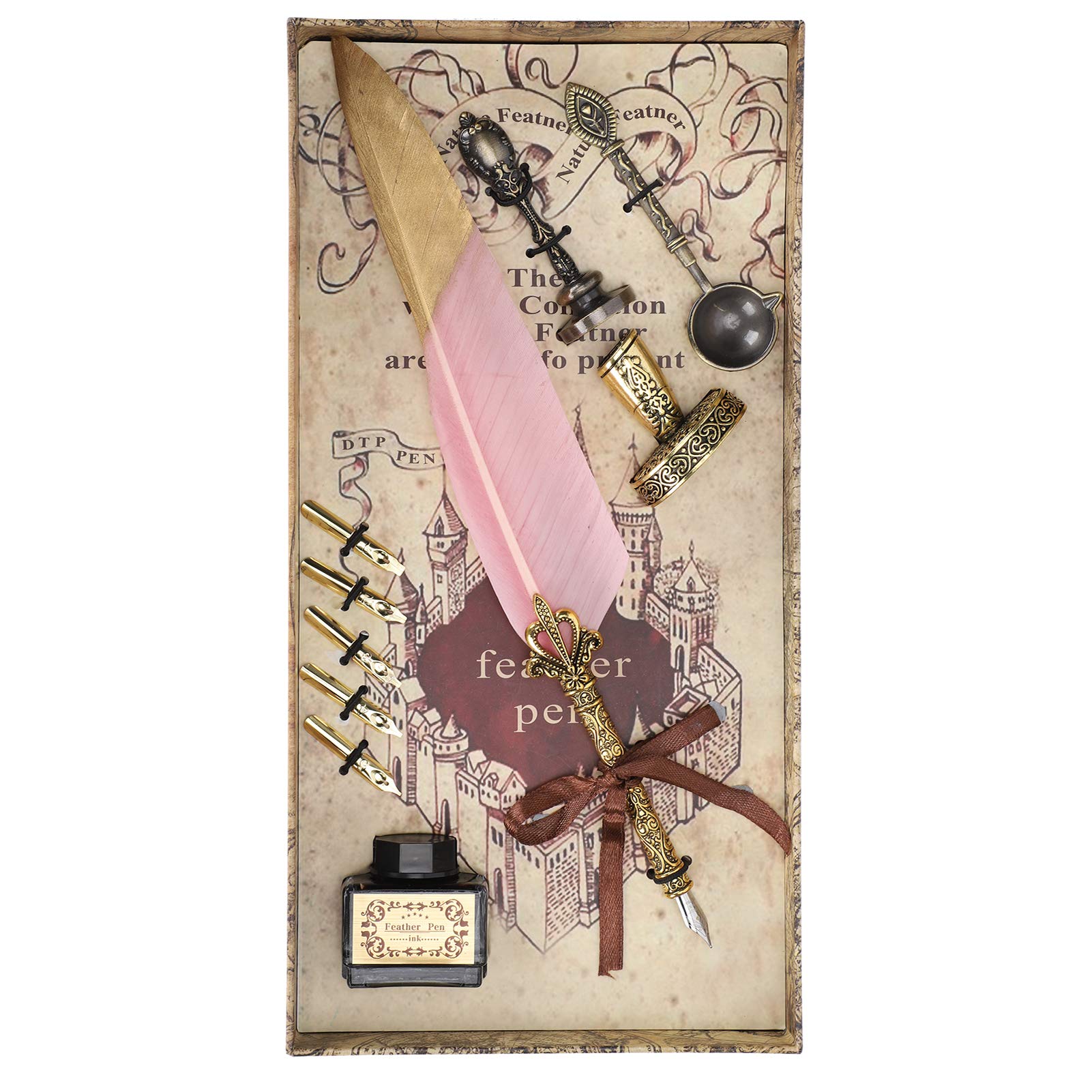 Vintage Feather Pen Set - Retro Calligraphy Dip Quill Pen with 5 Extra Nibs, Seal Stamp, Wax Melting Spoon, Pen Holder & Empty Ink Bottle (Pink) | Perfect for Wedding Invitations, Scrapbooking & Vintage Letter Writing