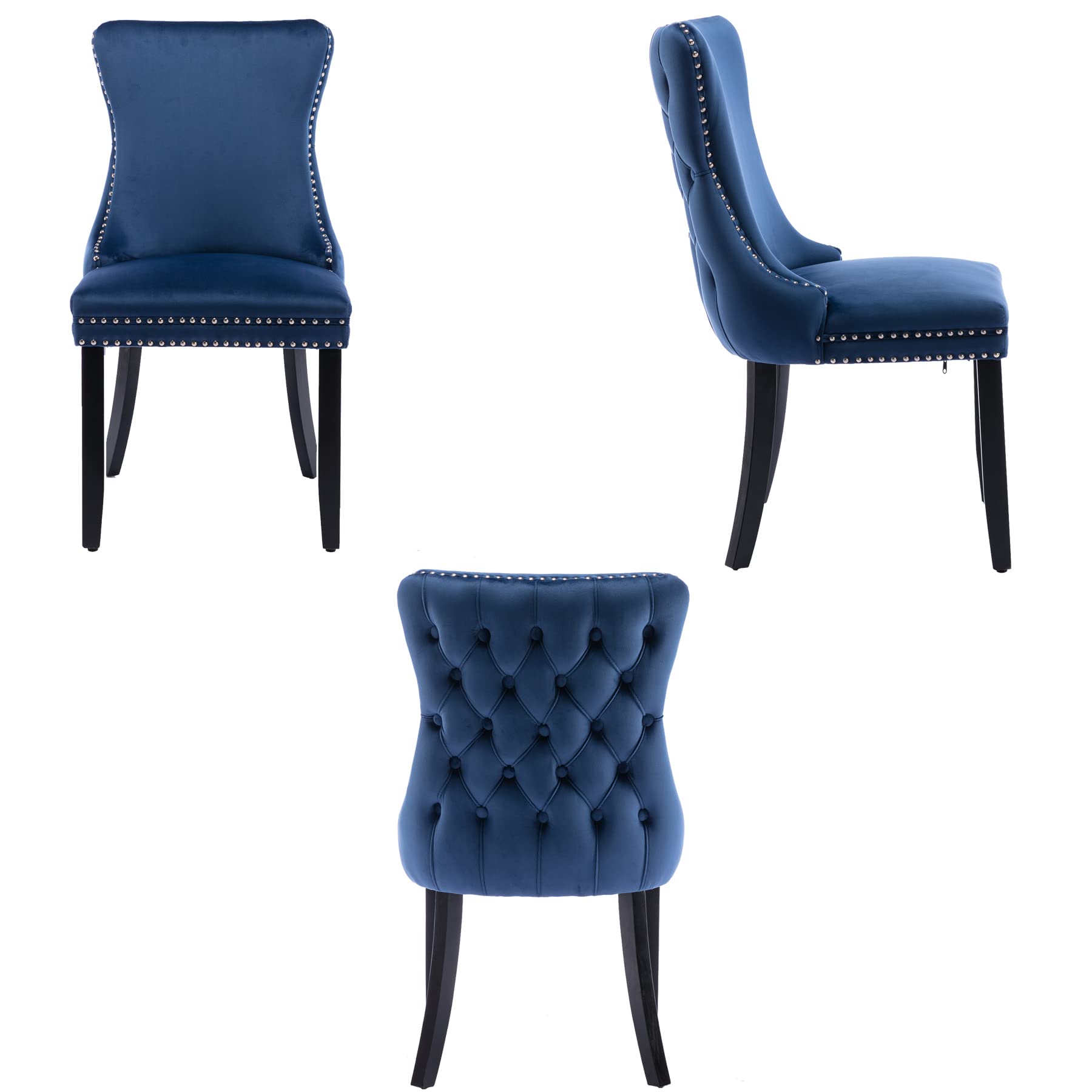 Velvet Upholstered Dining Chairs Set of 2 - Wingback Kitchen Accent Chairs with Solid Wood Legs, Nailhead Trim & Button Tufted Back - Stylish Luxury Blue Upholstery for Dining Room, Living Room & Home Decor