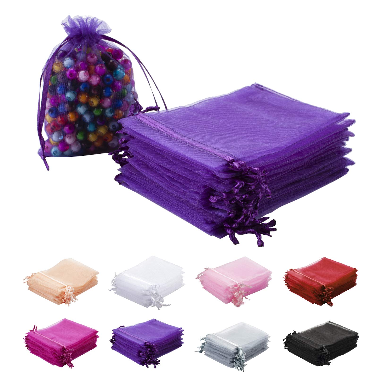 100pcs 3x4 Inches Sheer Organza Bags with Drawstring - Purple Jewelry Pouches for Wedding Favors, Party Gifts, Christmas Candy & Small Sachets | Perfect for Bridal Showers, Birthday Celebrations and Holiday Gift Wrapping