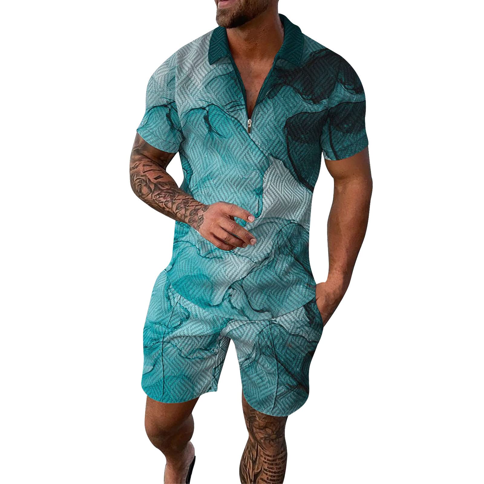 Fossean Men's Tracksuit Set - 2 Piece Outfits with White Polo Shirt, Compression Shorts, Hawaiian Shirts & Shorts, Activewear Suit Pants for Gym, Casual Wear & Outdoor Activities
