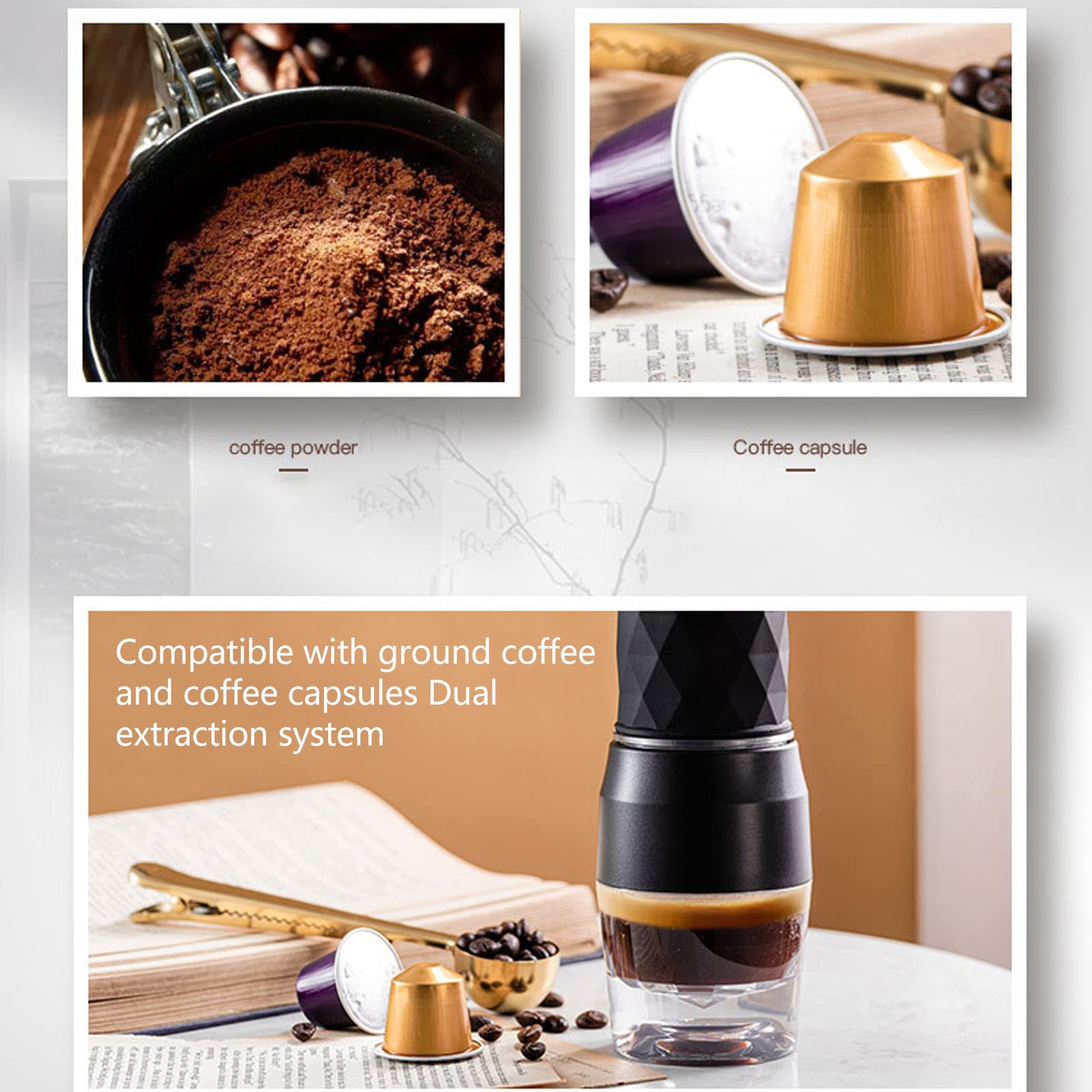 Portable Manual Espresso Maker - Travel Coffee Machine for Camping, Hiking & Outdoor Use - Compatible with Ground Coffee & Coffee Capsules (Black) - Perfect for Home, Office & Travel Adventures