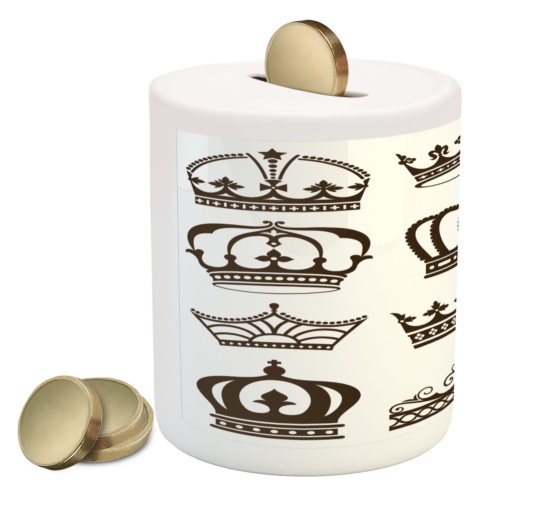 Ambesonne King Piggy Bank - Ceramic Money Box with Royal Crown & Tiara Design for Cash Saving, Dark Green, Brown & White | Perfect Gift for Kids, Teens & Collectors
