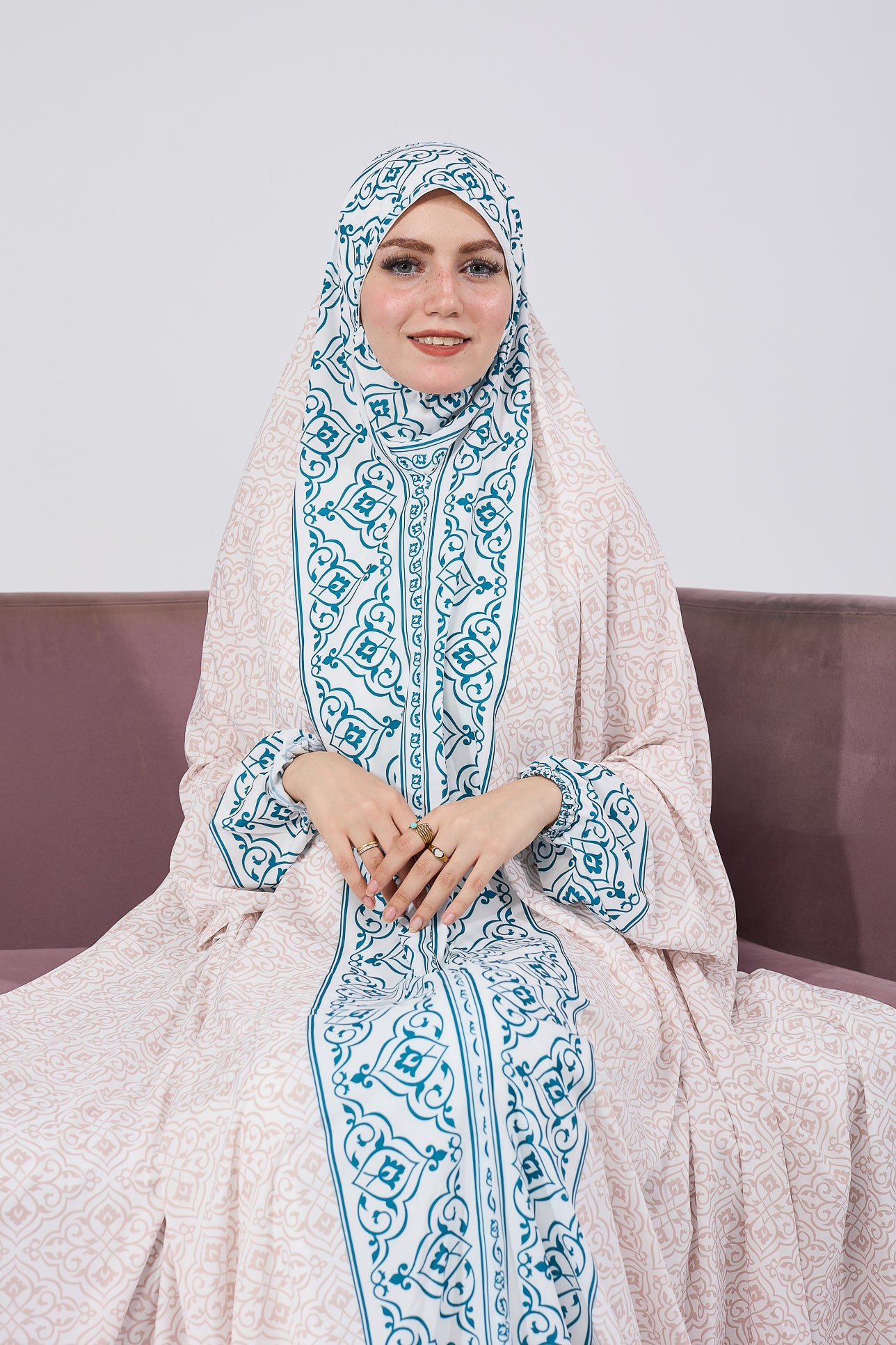 Elegant Nahlah Satin Prayer Gown with Blue Moroccan Print & Elastic Cuffs - Perfect for Muslim Women's Home Worship & Special Occasions