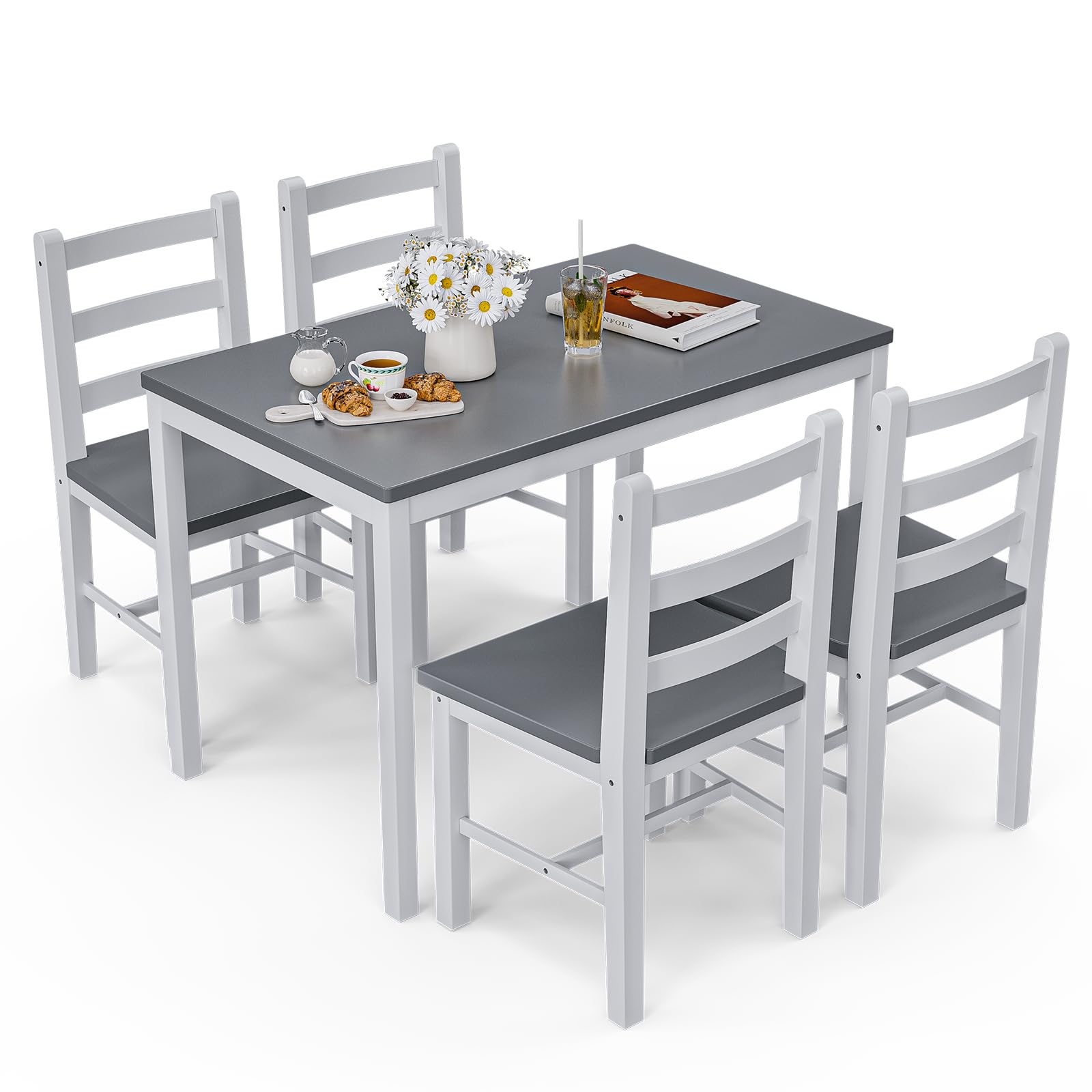5-Piece Wooden Dining Table Set with 4 Chairs - Farmhouse Kitchen Table & Chairs for Small Spaces | Perfect for Home, Apartment, Dining Room & Restaurant Use | Durable & Space-Saving Design