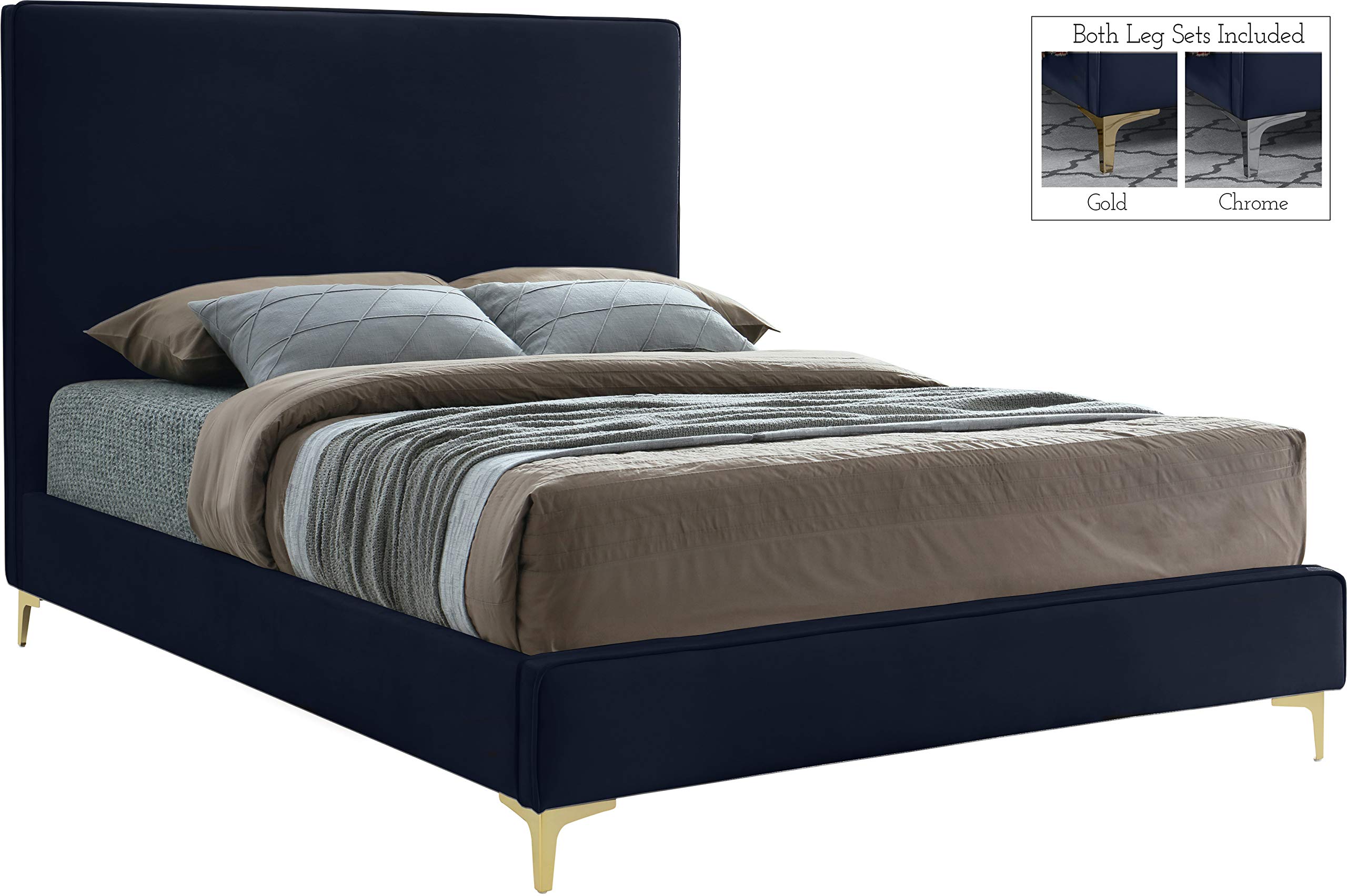Meridian Furniture Geri Collection Modern Velvet Upholstered King Bed with Gold/Chrome Headboard - Luxury Bedroom Furniture for Contemporary Homes & Master Suites