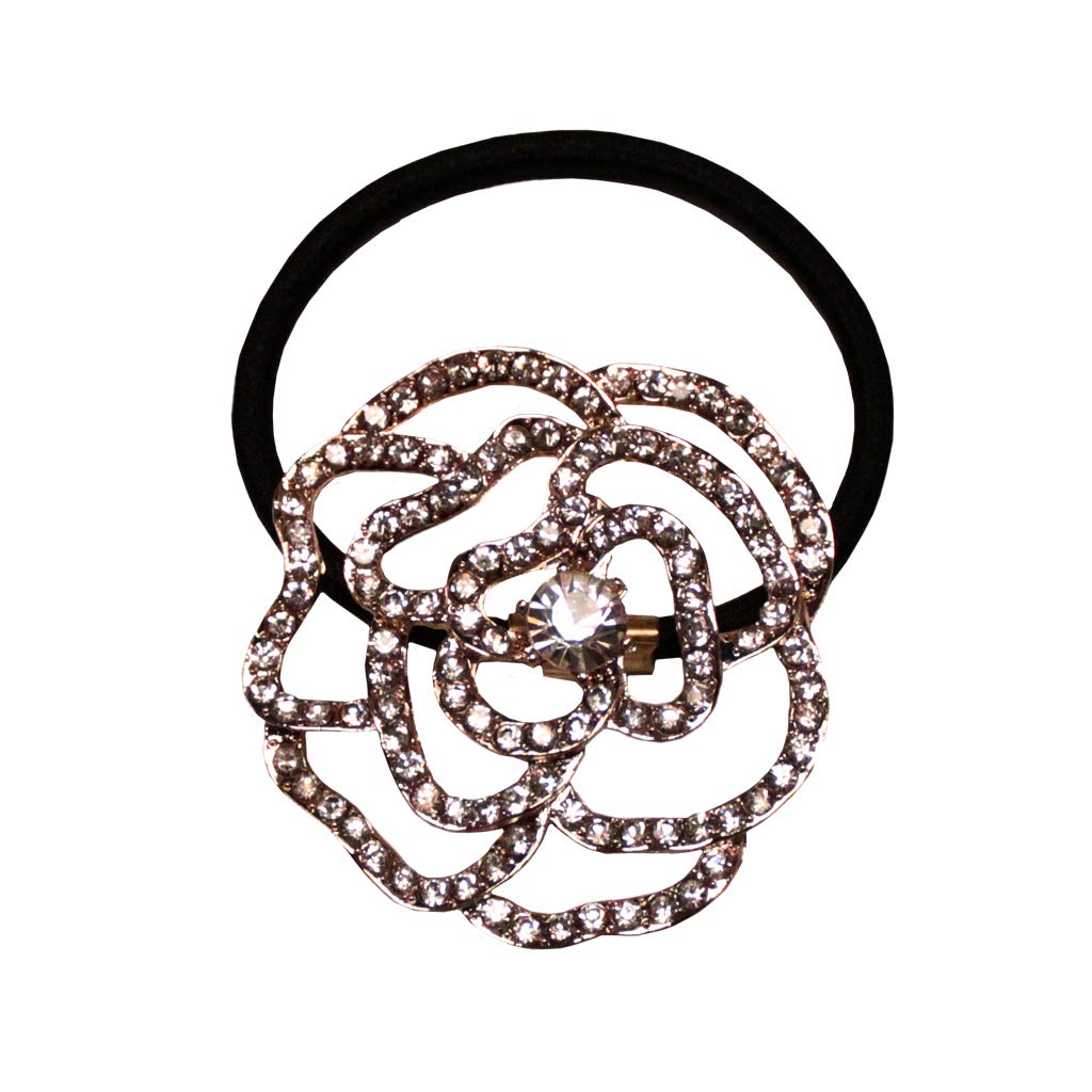 Mia Crystal Ponytail Cuff Hair Clip - Rose Gold Metal Camellia Flower Hair Accessory with Sparkling Rhinestones for Women & Girls | Perfect for Weddings, Parties & Everyday Wear