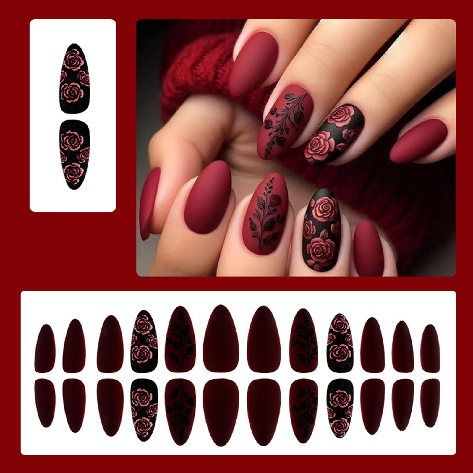 Black Rose Press on Nails - 24Pcs Short Almond Fake Nails with Romantic Pink Flower Designs, Matte Acrylic Full Cover Stick on Nails for Women | Valentine's Day Gift, Date Night, Bridal Shower, Special Occasions