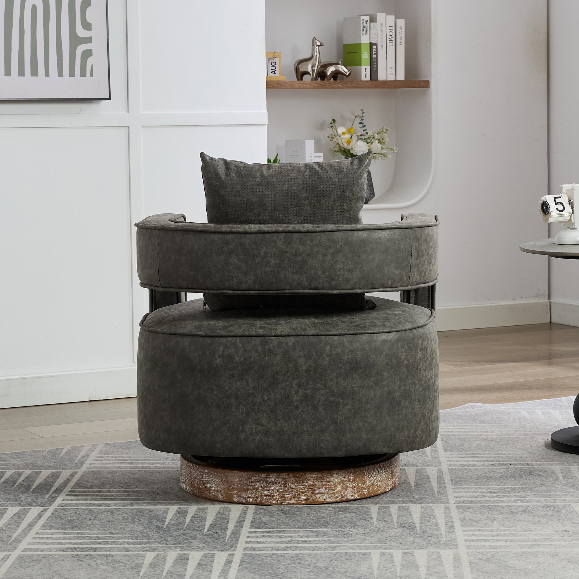 29.1W Swivel Accent Open Back Barrel Chair - Modern Comfy PU Sofa Chair with Weathered Base - Perfect for Nursery, Bedroom, Living Room, Hotel & Office - Club Chair Leisure Armchair for Lounge & Reading Corner (Gray)