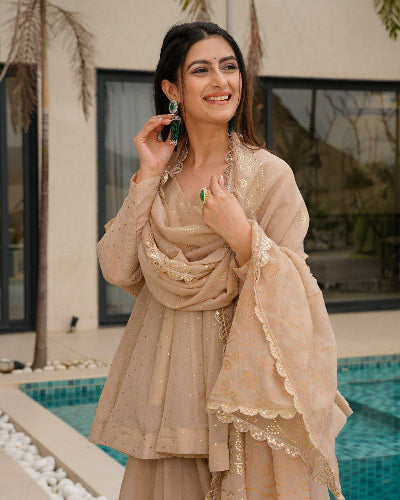 Peach Peplum Top & Embroidered Sharara Palazzo Suit Set - Elegant Pakistani/Indian Wedding Outfit for Women - Perfect for Bridal Shower, Mehendi & Festive Occasions