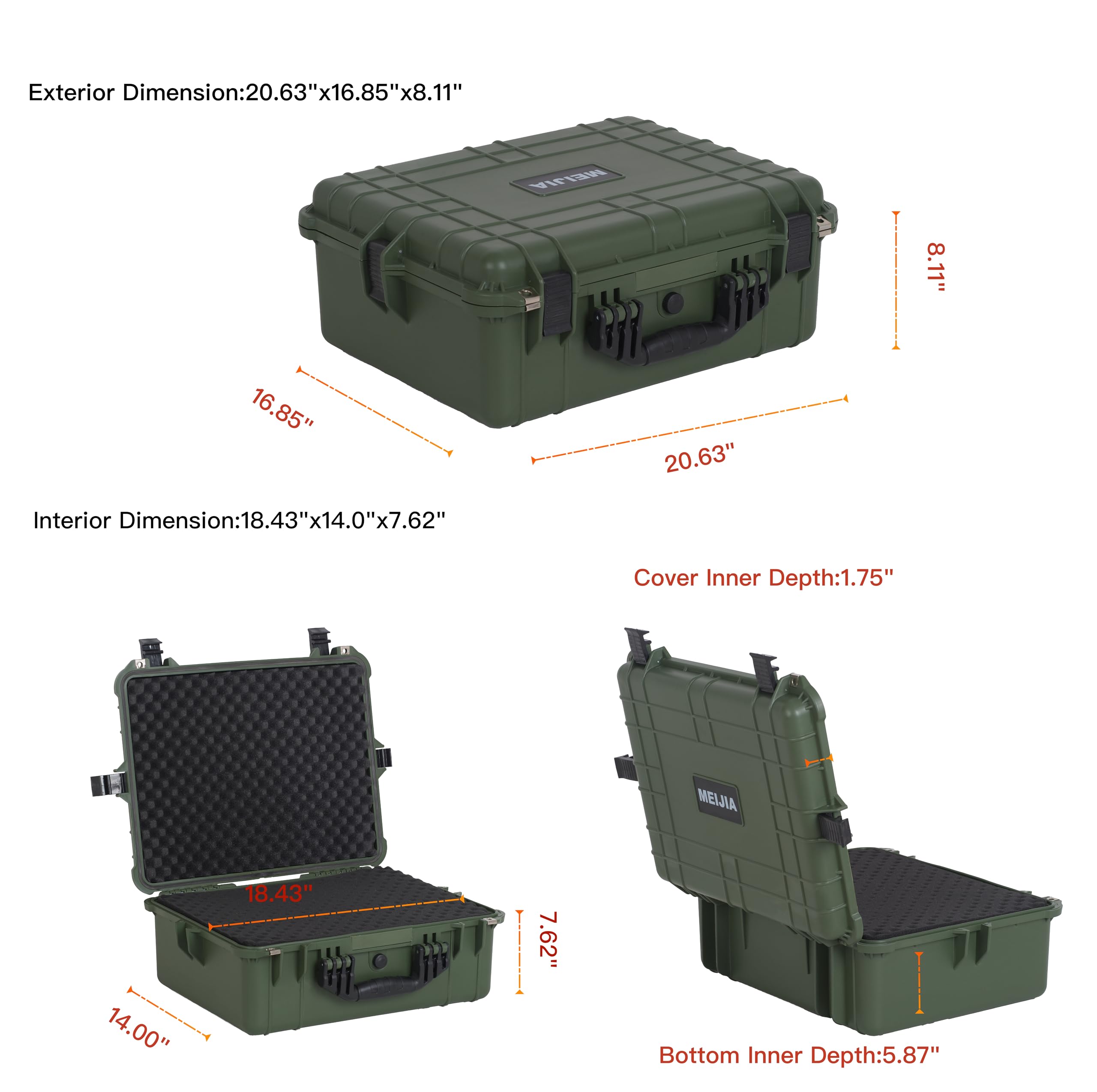 MEIJIA 20.62x16.85x8.11in Waterproof Hard Protective Case with Customizable Foam Insert - All-Weather Durable Storage for Drones, Cameras & Equipment (Green) - Perfect for Travel, Outdoor Adventures & Professional Gear Protection