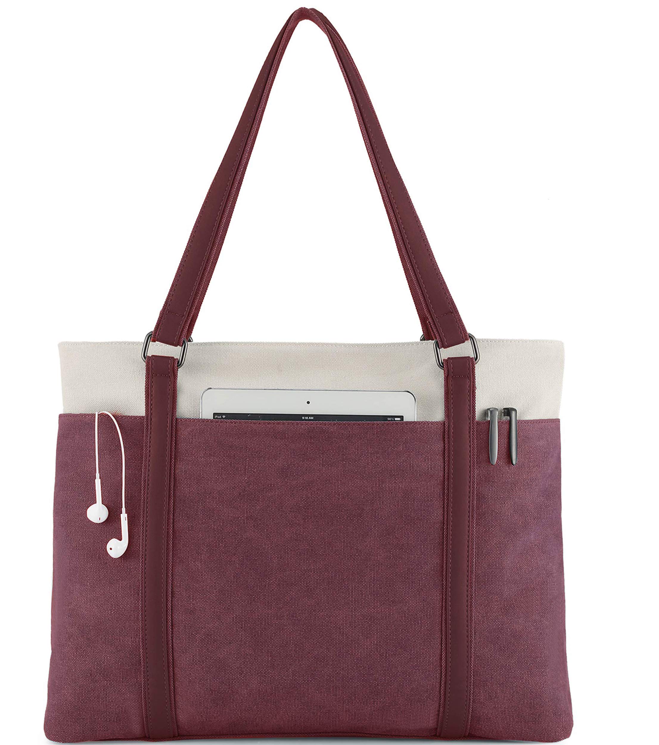Wearigoo 15.6 Inch Large Canvas Laptop Tote Bag for Women - Stylish Work Shoulder Handbag Purse for Office, Commuting & Travel